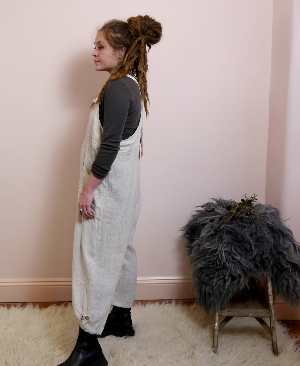 Linen Dungarees with Pockets in Stone