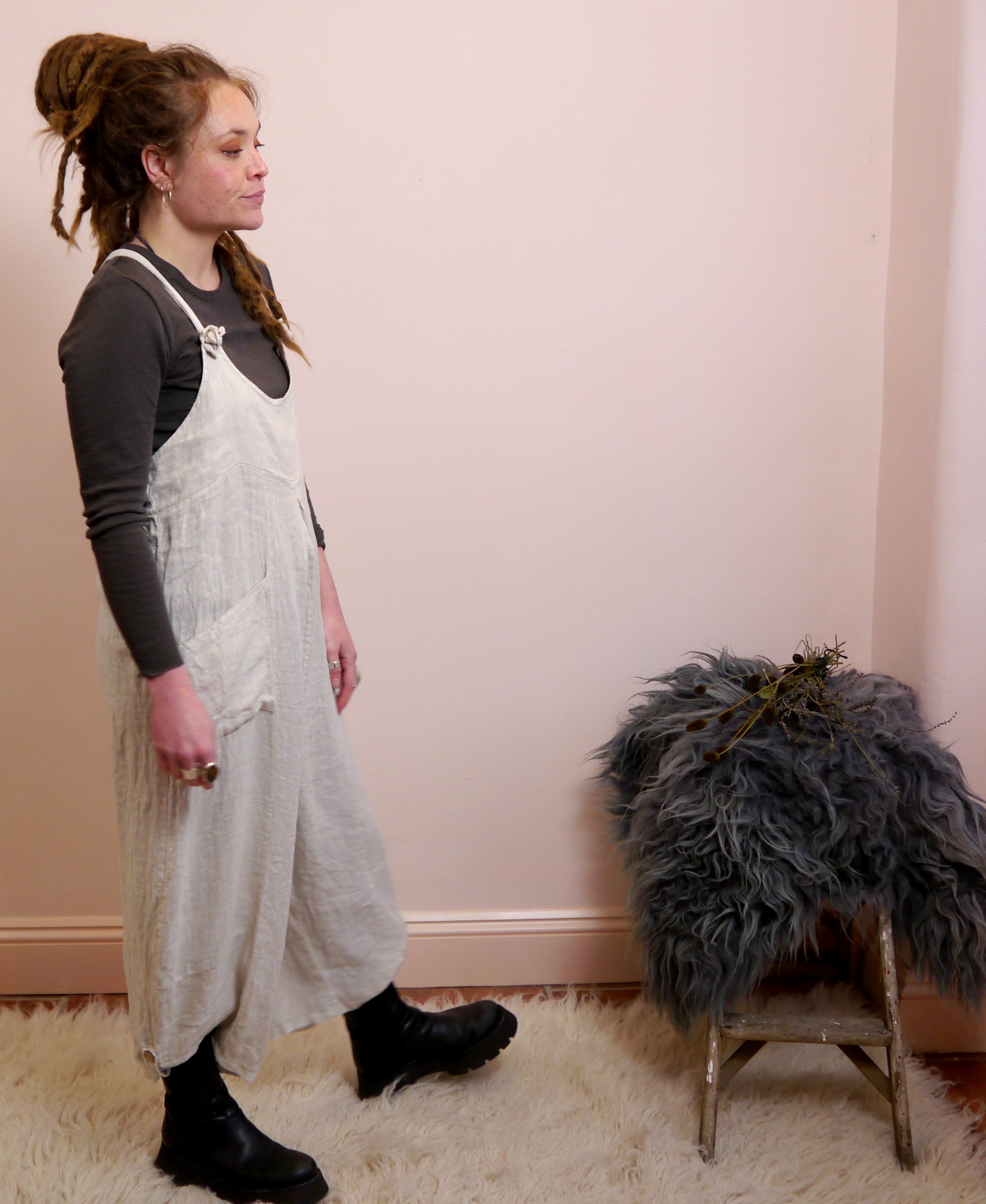 Linen Dungarees with Pockets in Stone