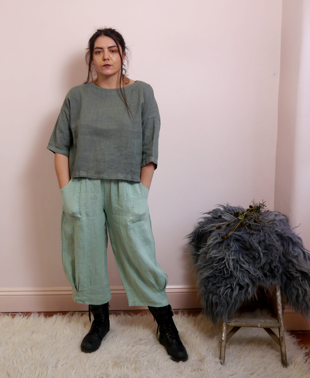 3/4 Sleeve Linen Boxy Top in Lichen