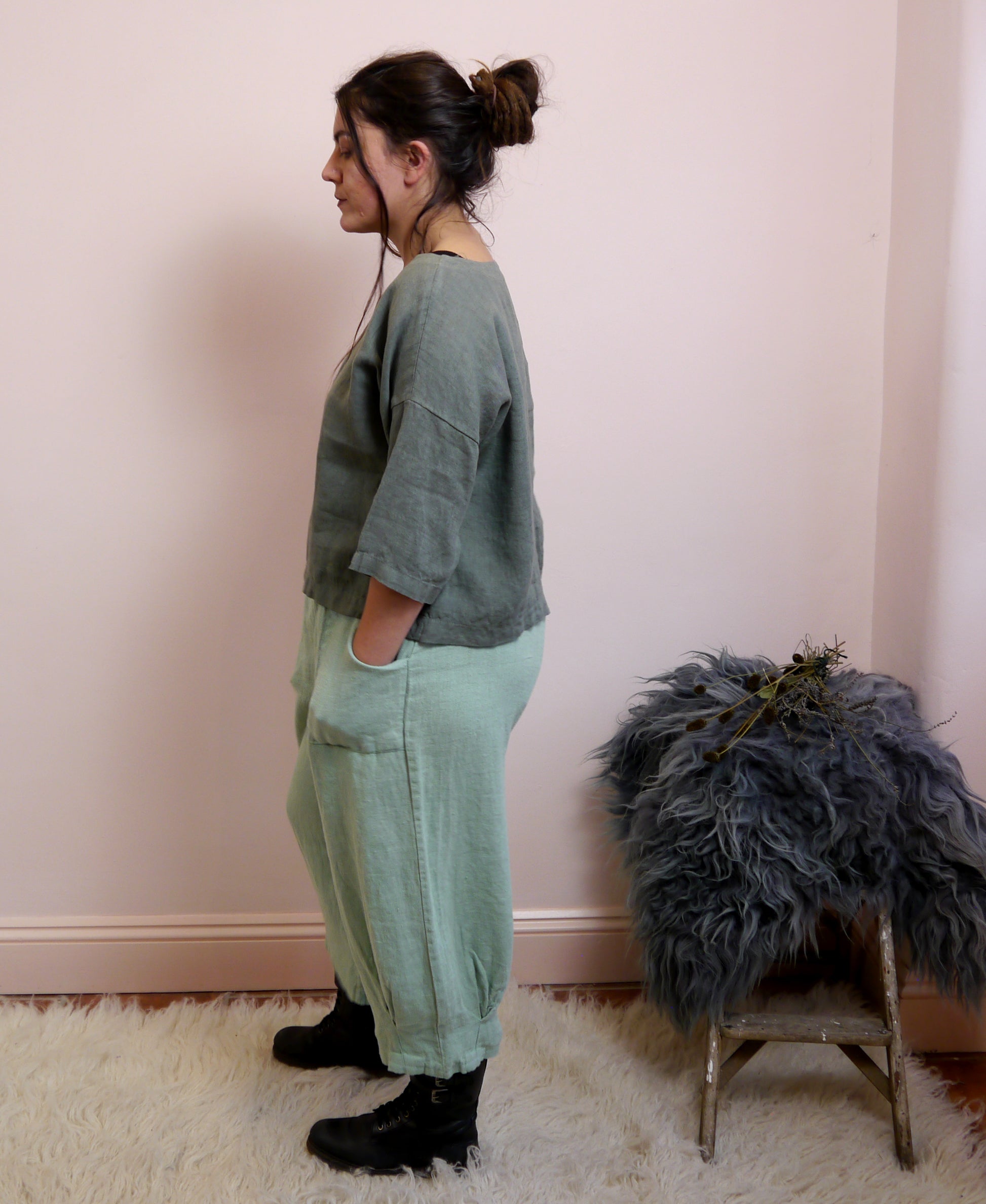 3/4 Sleeve Linen Boxy Top in Lichen