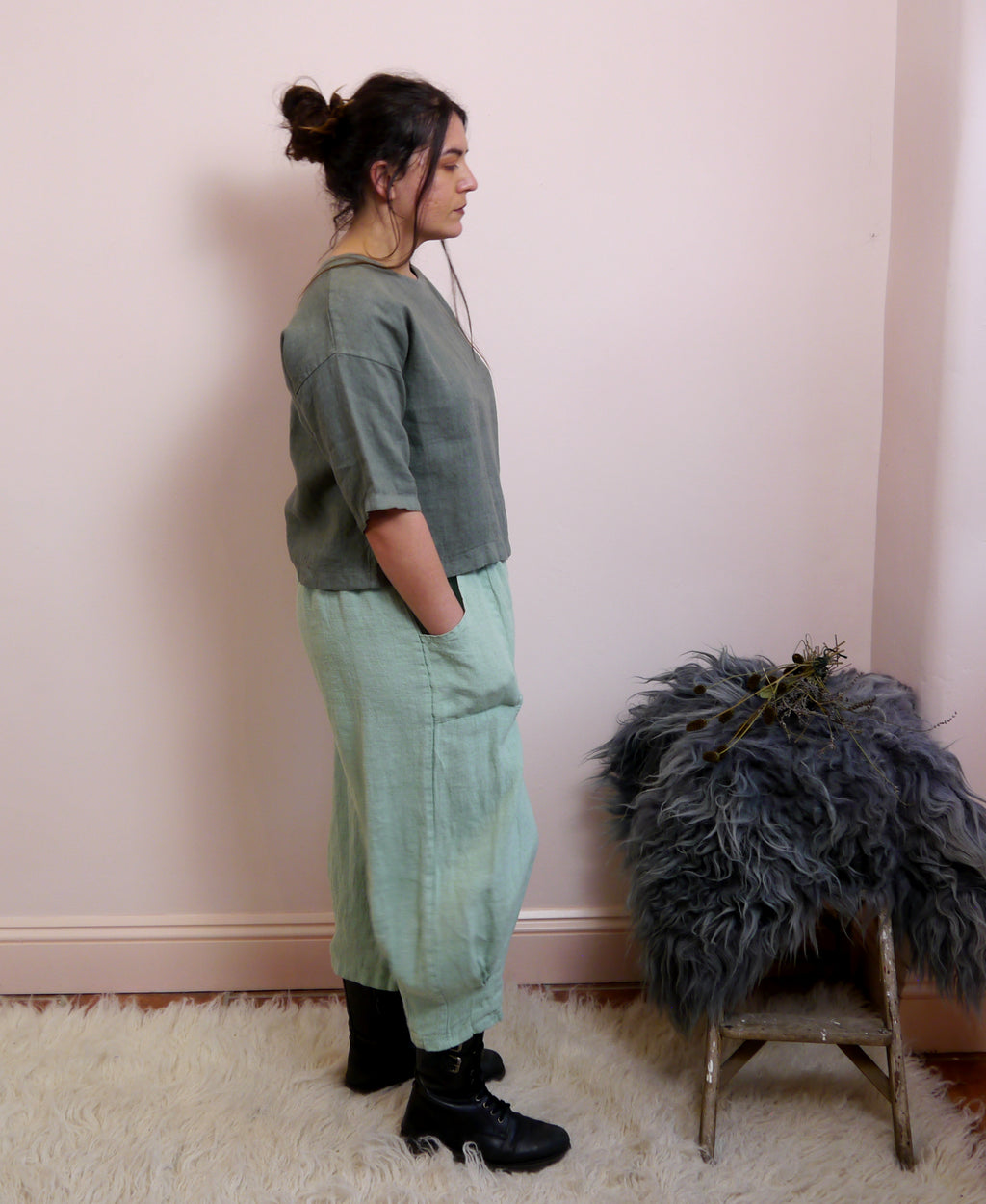 3/4 Sleeve Linen Boxy Top in Lichen