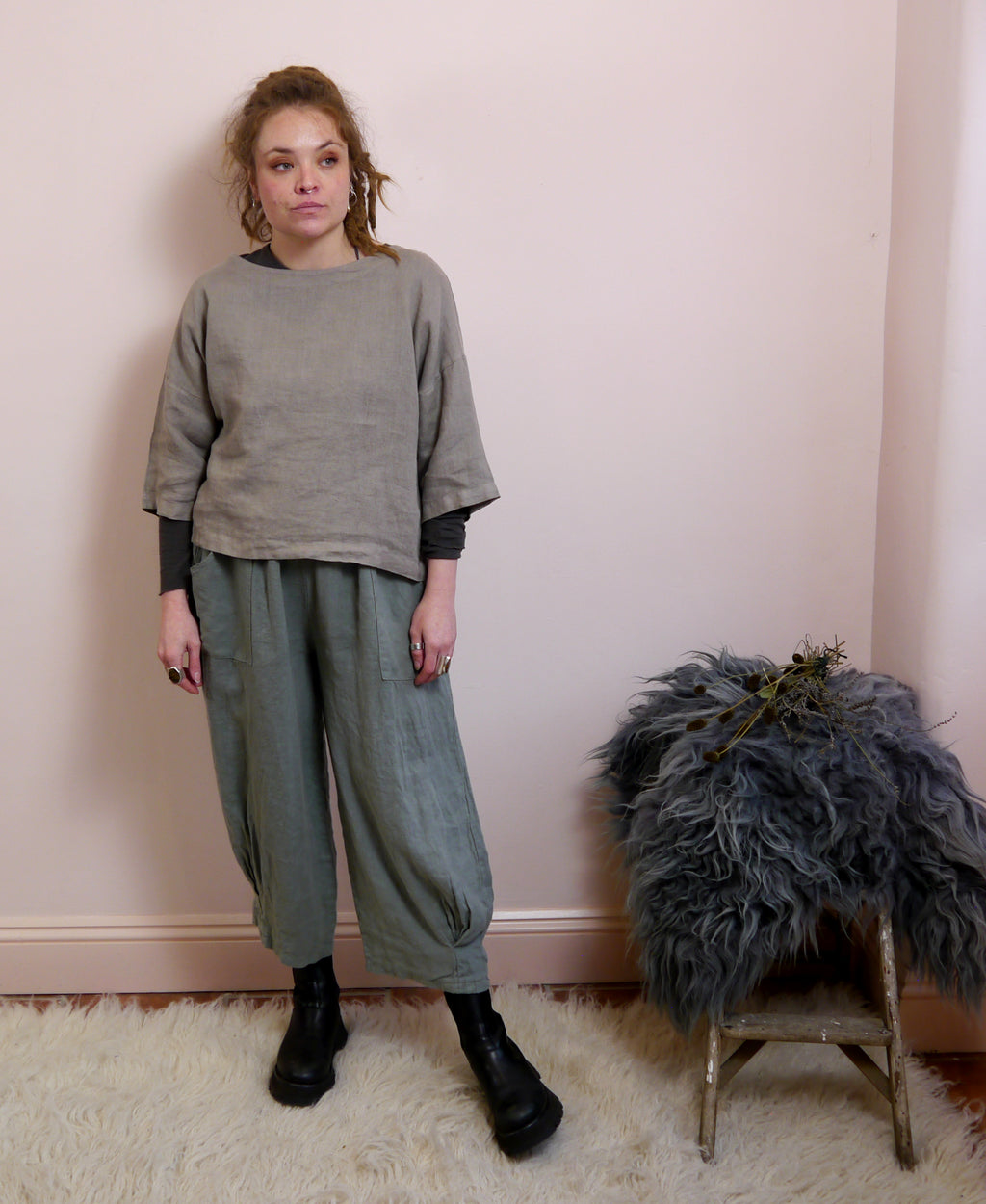3/4 Sleeve Linen Boxy Top in Mole