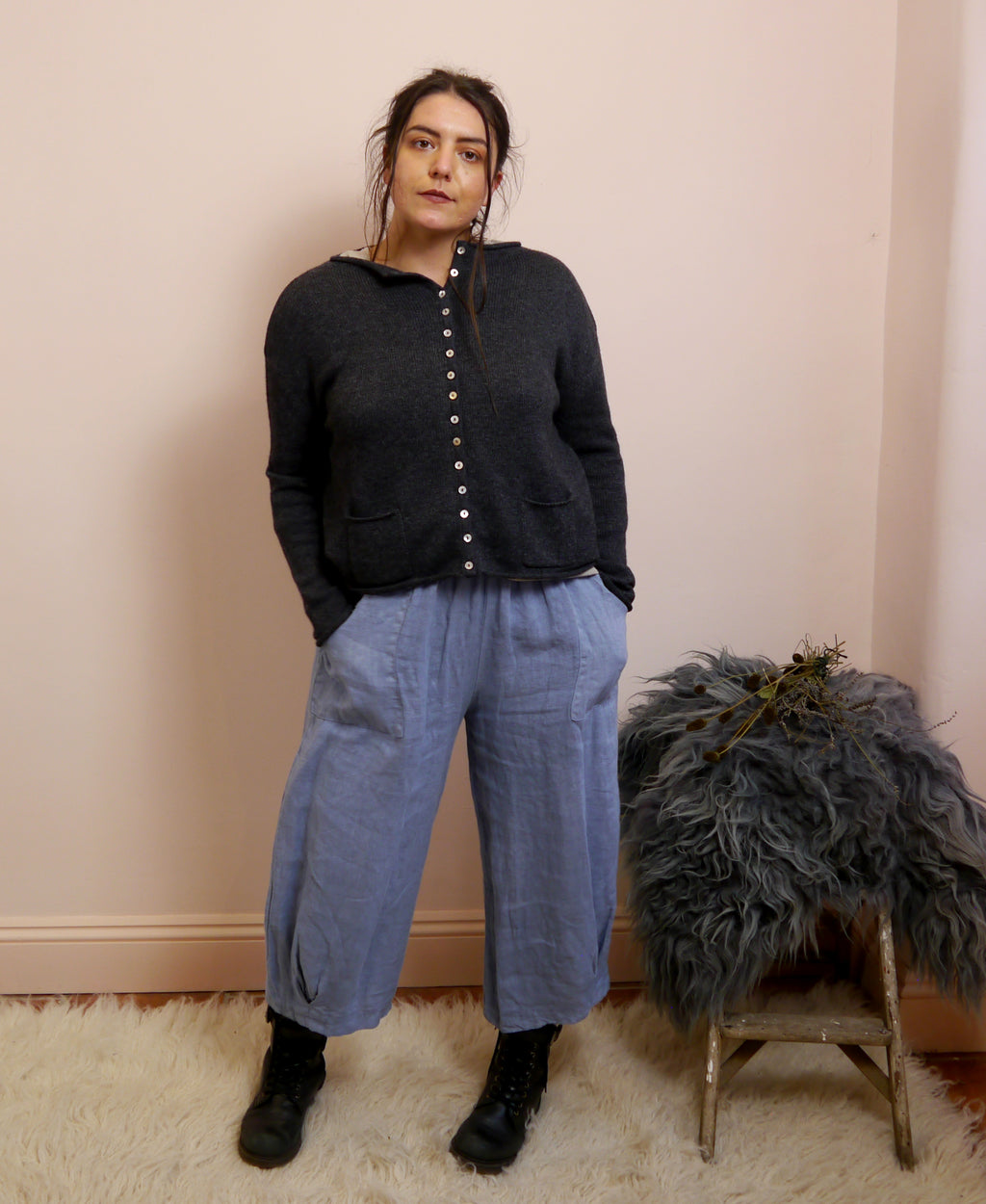 Lambswool/Cashmere Button Cardigan in Graphite Marl