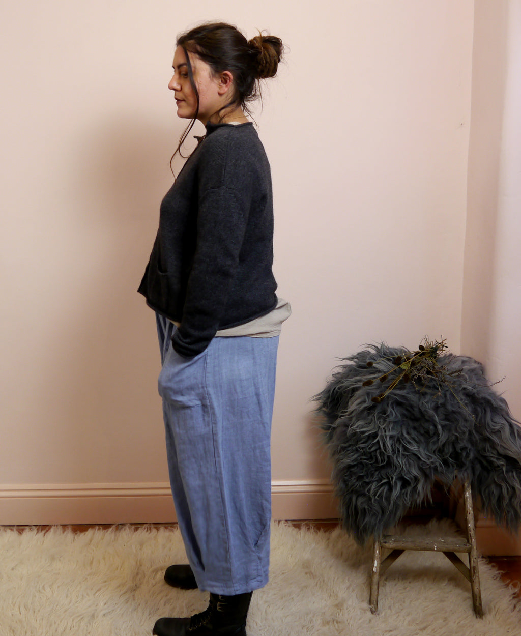 Lambswool/Cashmere Button Cardigan in Graphite Marl