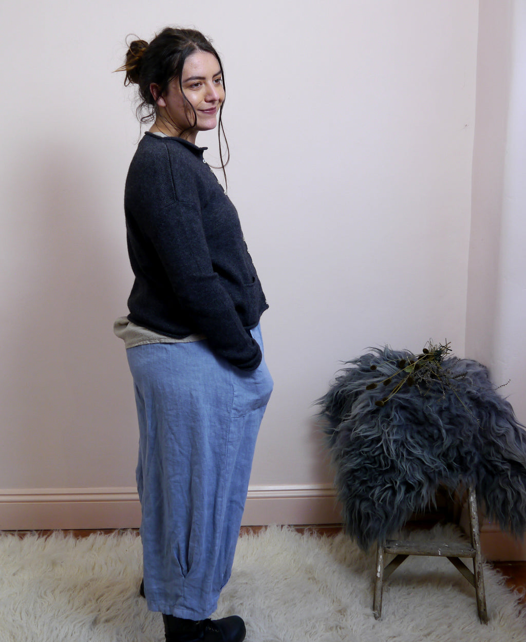 Lambswool/Cashmere Button Cardigan in Graphite Marl