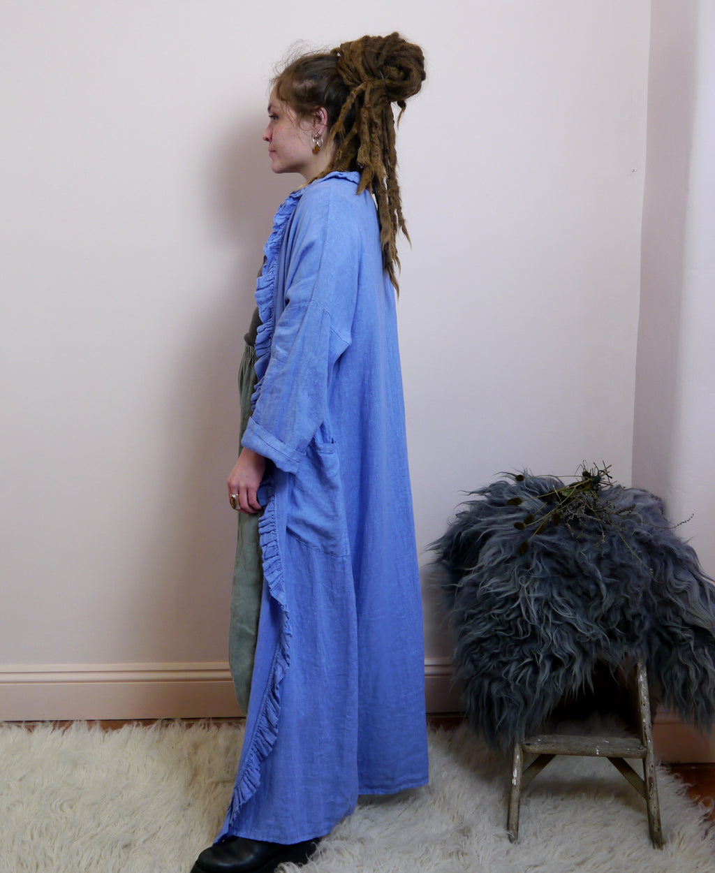 Long Linen Ruffle Hem Jacket in Cornflower