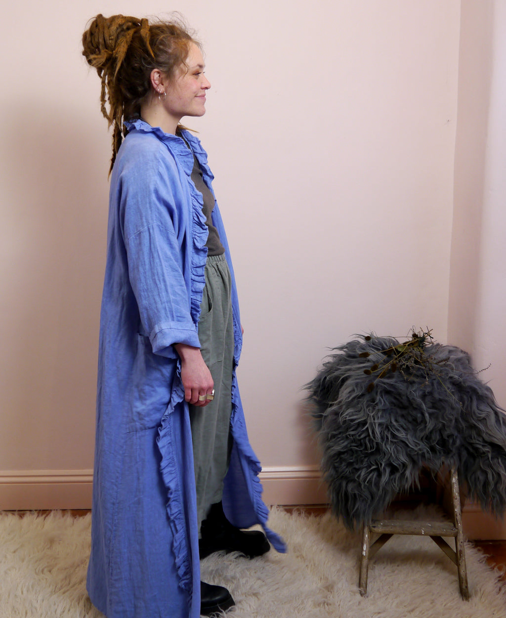 Long Linen Ruffle Hem Jacket in Cornflower