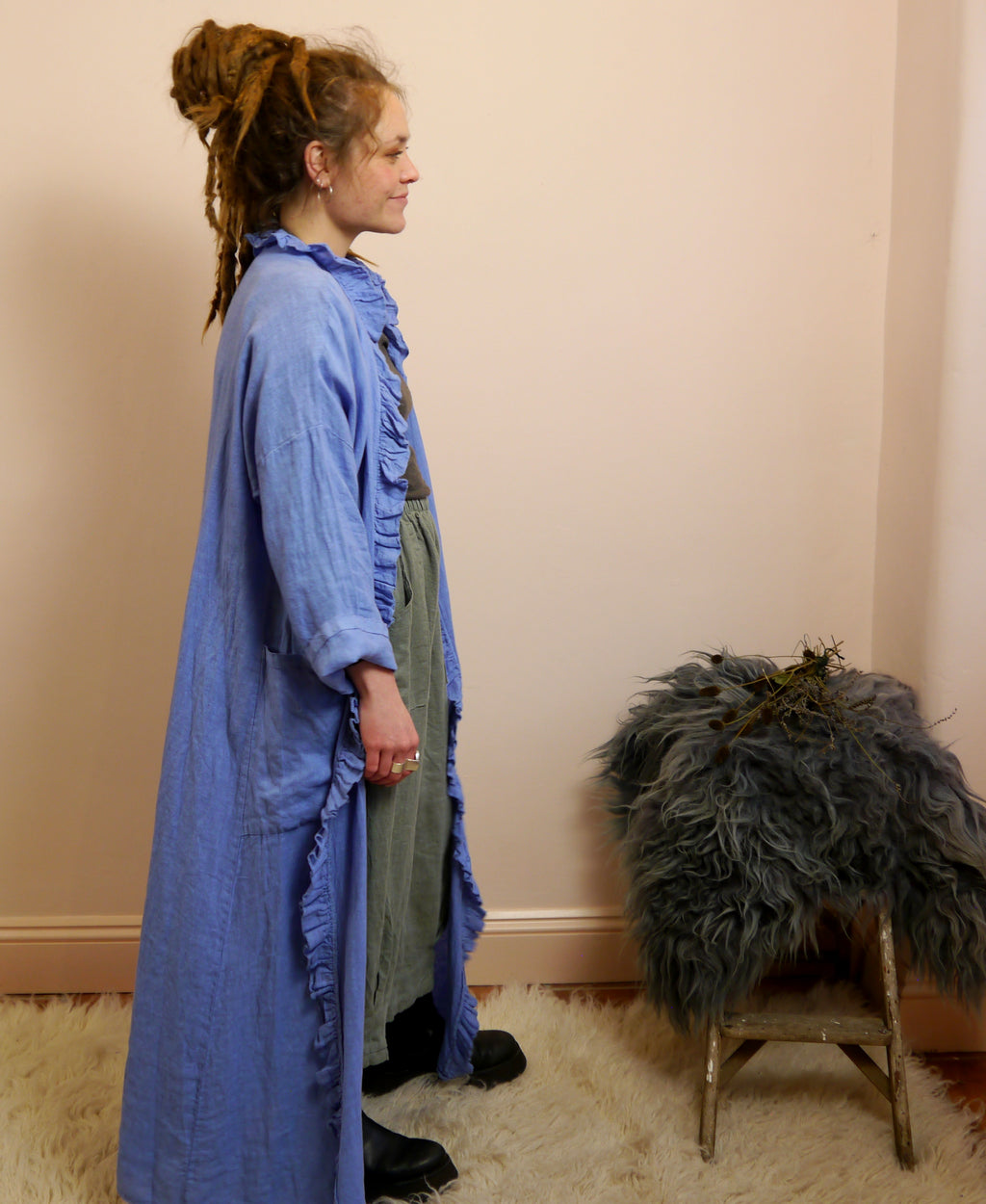 Long Linen Ruffle Hem Jacket in Cornflower