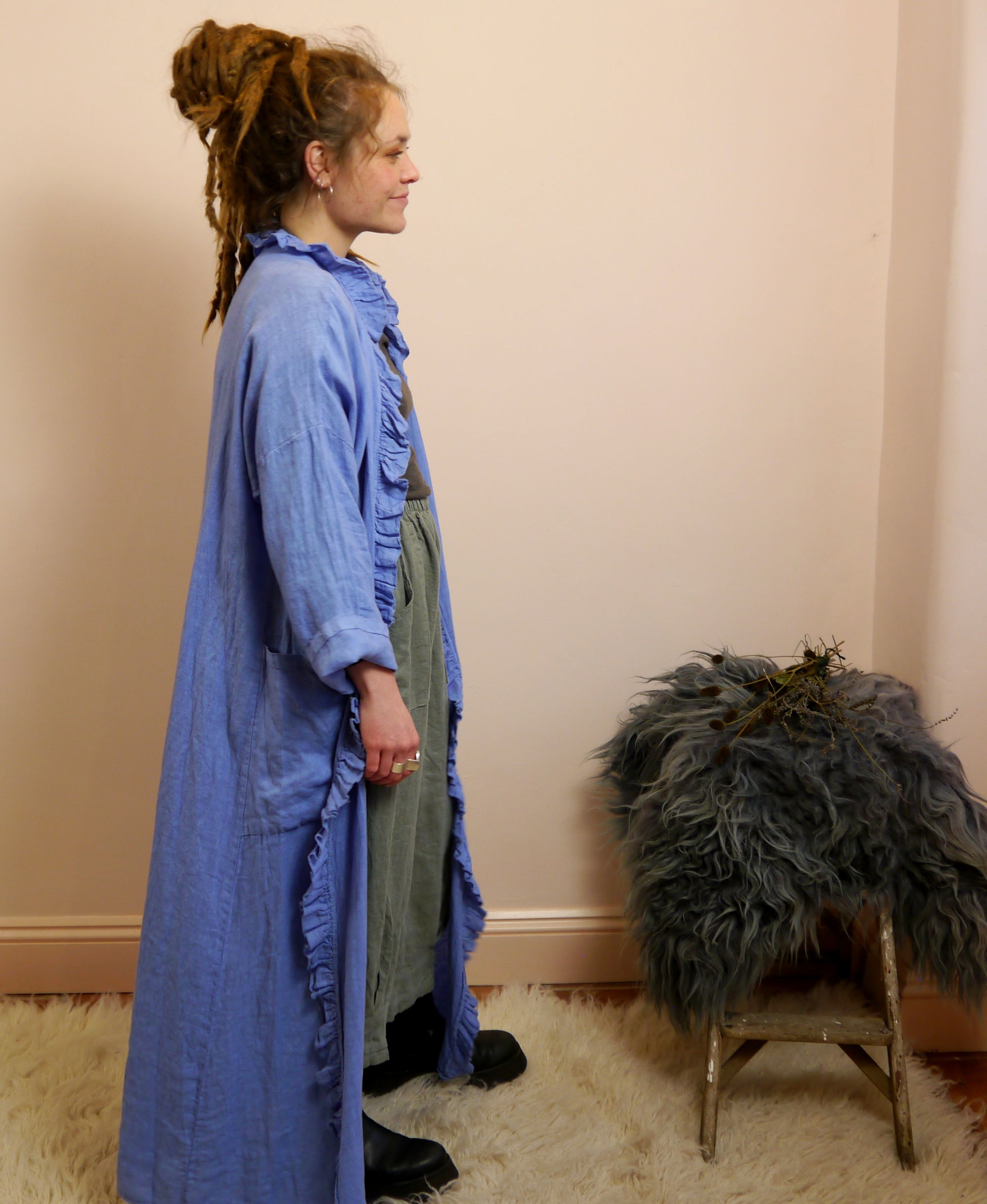 Long Linen Ruffle Hem Jacket in Cornflower