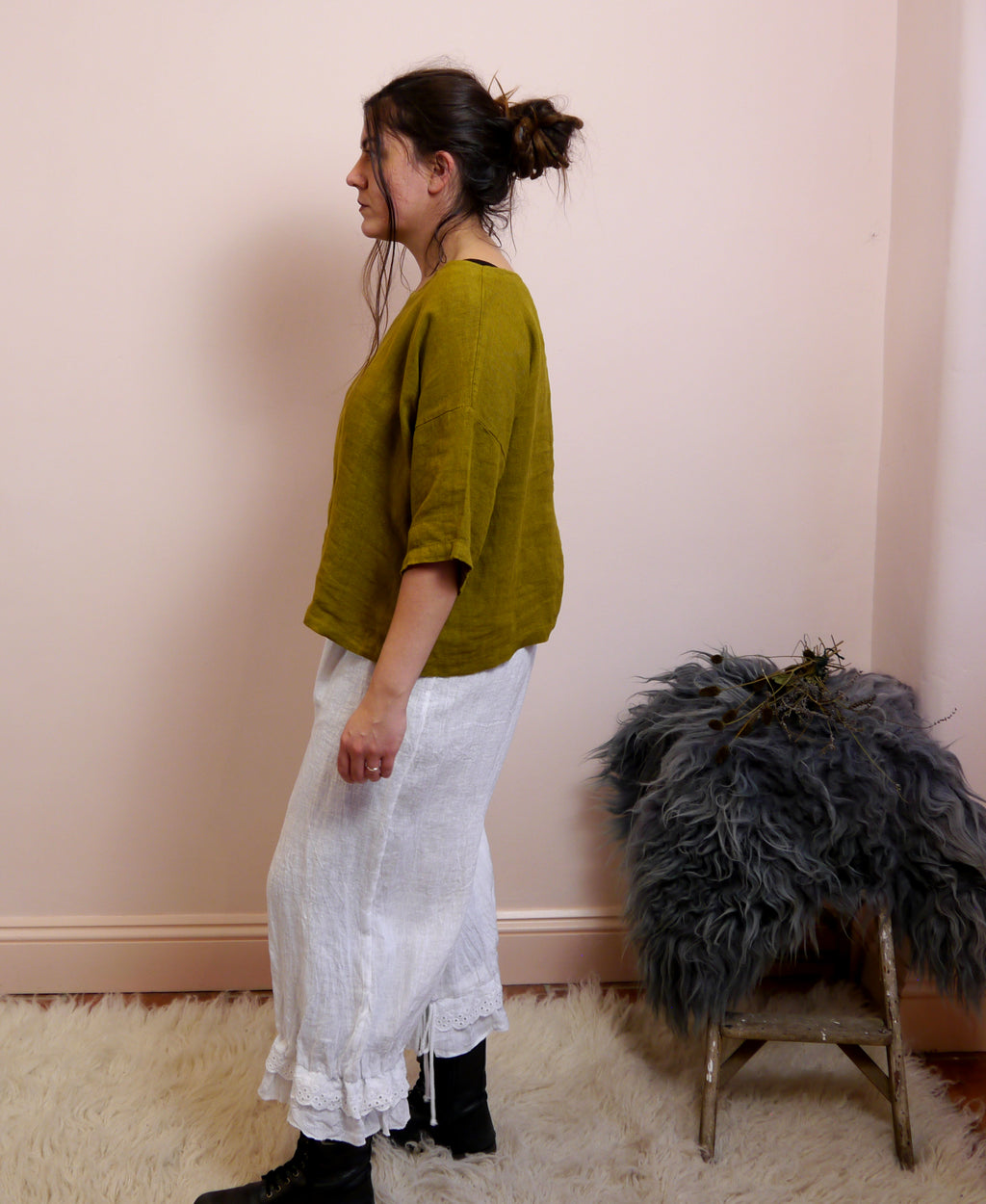 3/4 Sleeve Linen Boxy Top in Moss