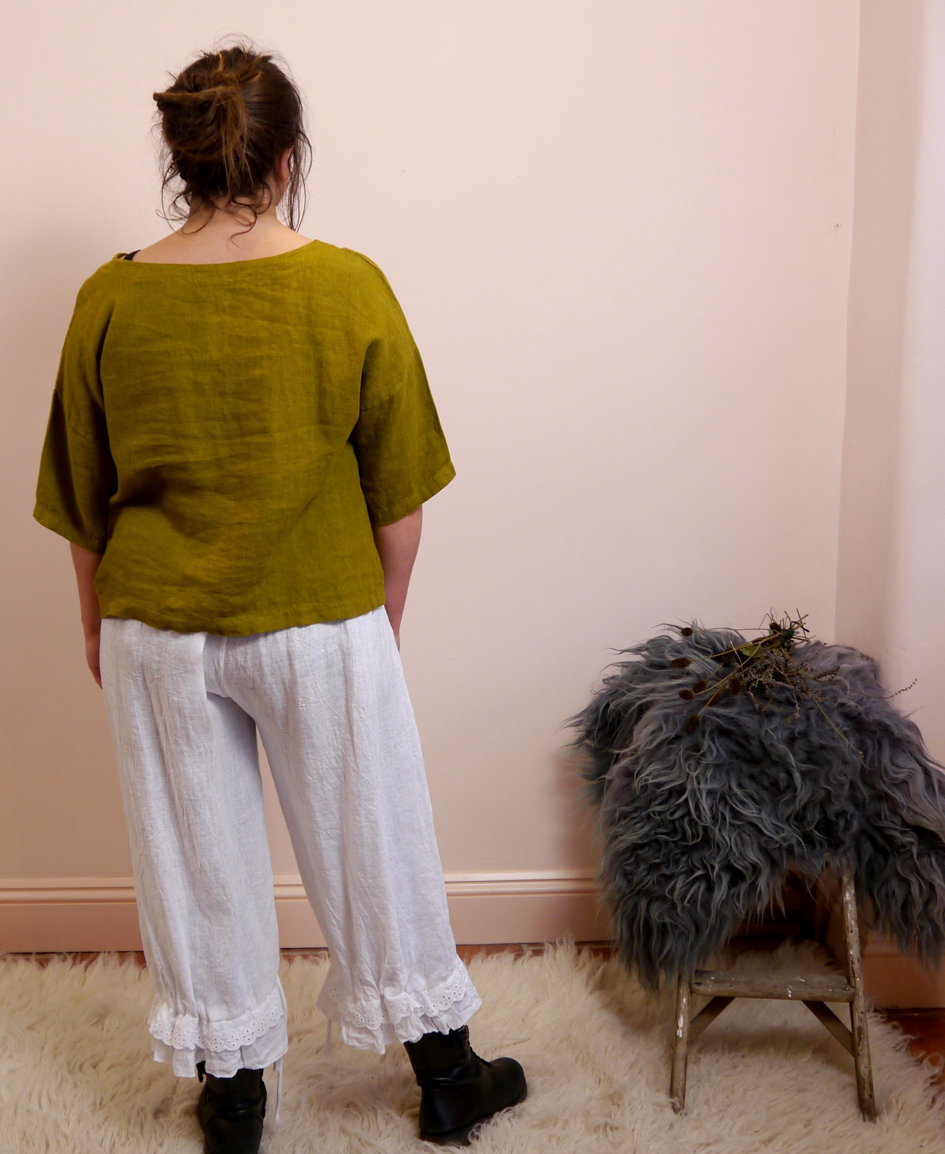 3/4 Sleeve Linen Boxy Top in Moss