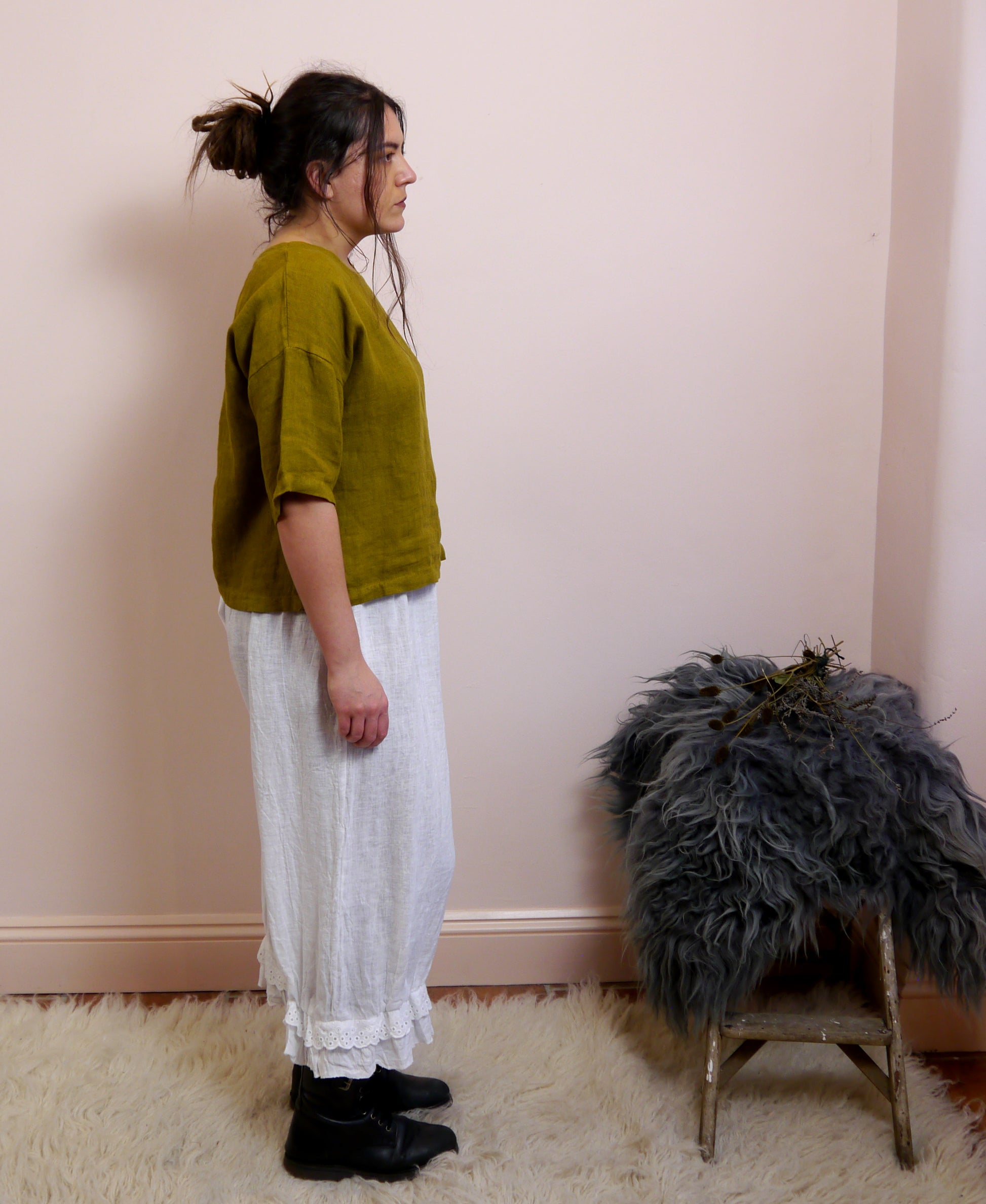 3/4 Sleeve Linen Boxy Top in Moss