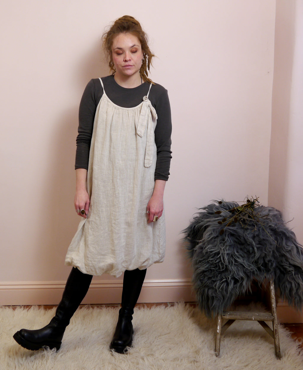 Linen Puff Hem Mini Dress in Stone