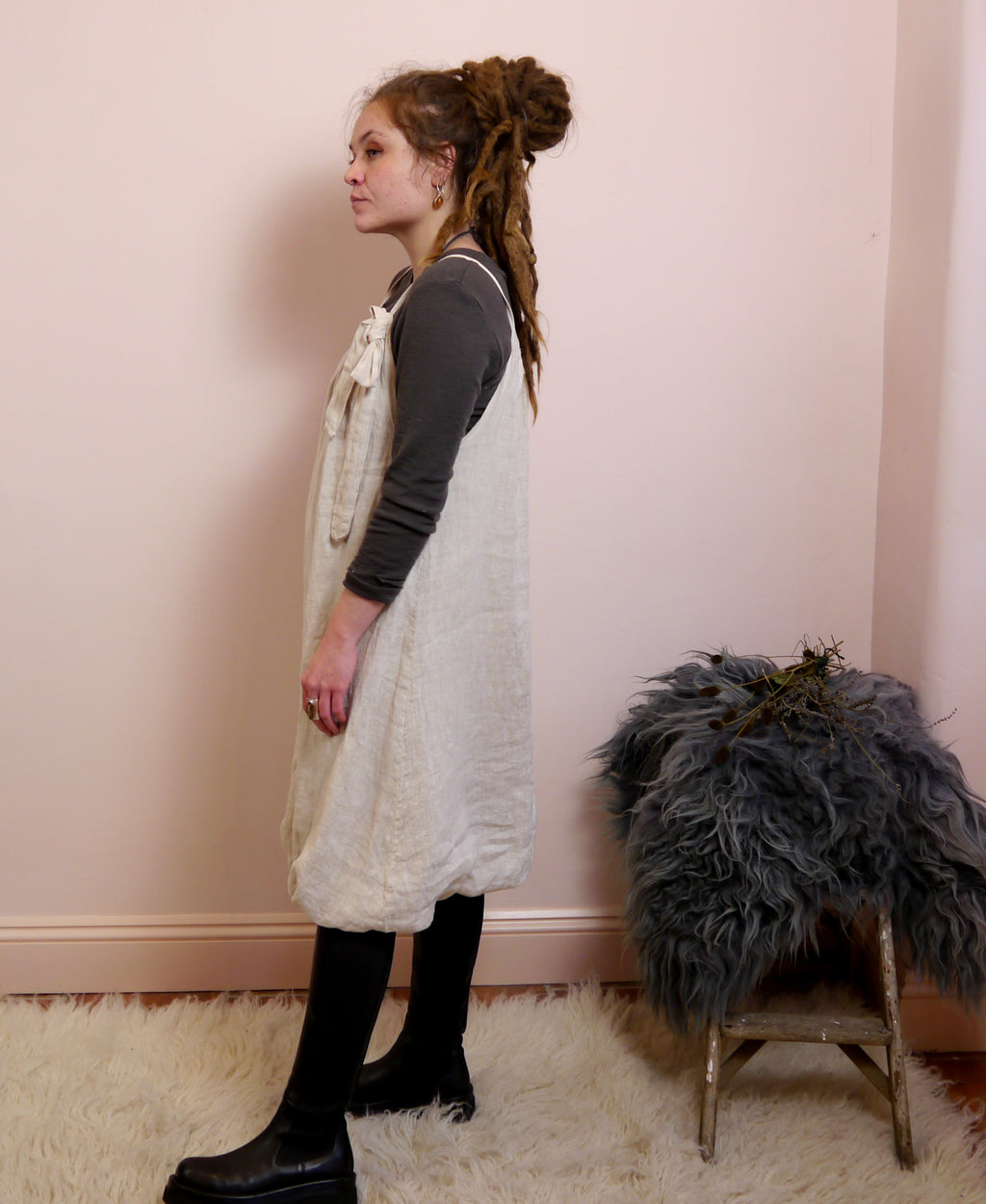 Linen Puff Hem Mini Dress in Stone