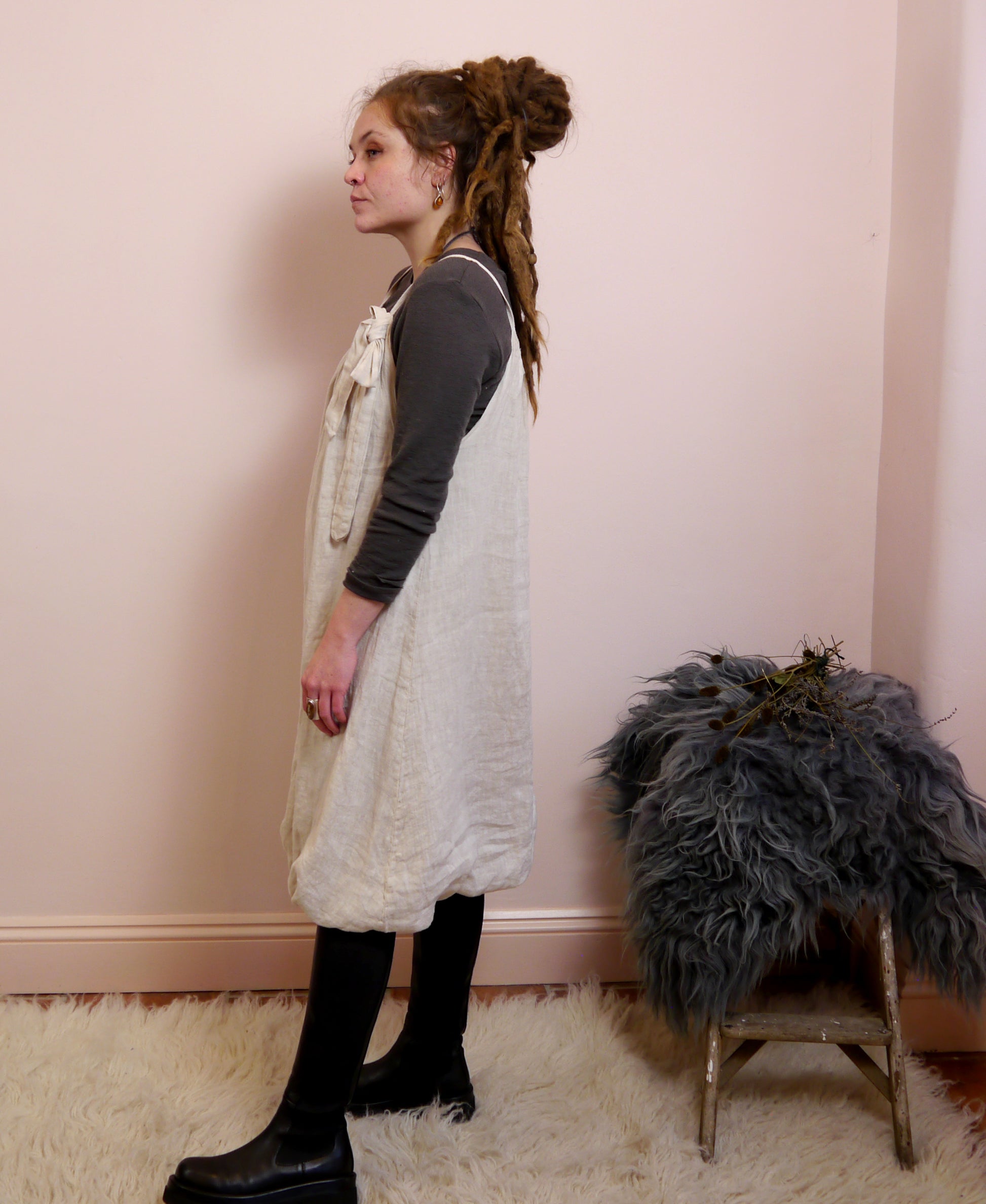 Linen Puff Hem Mini Dress in Stone