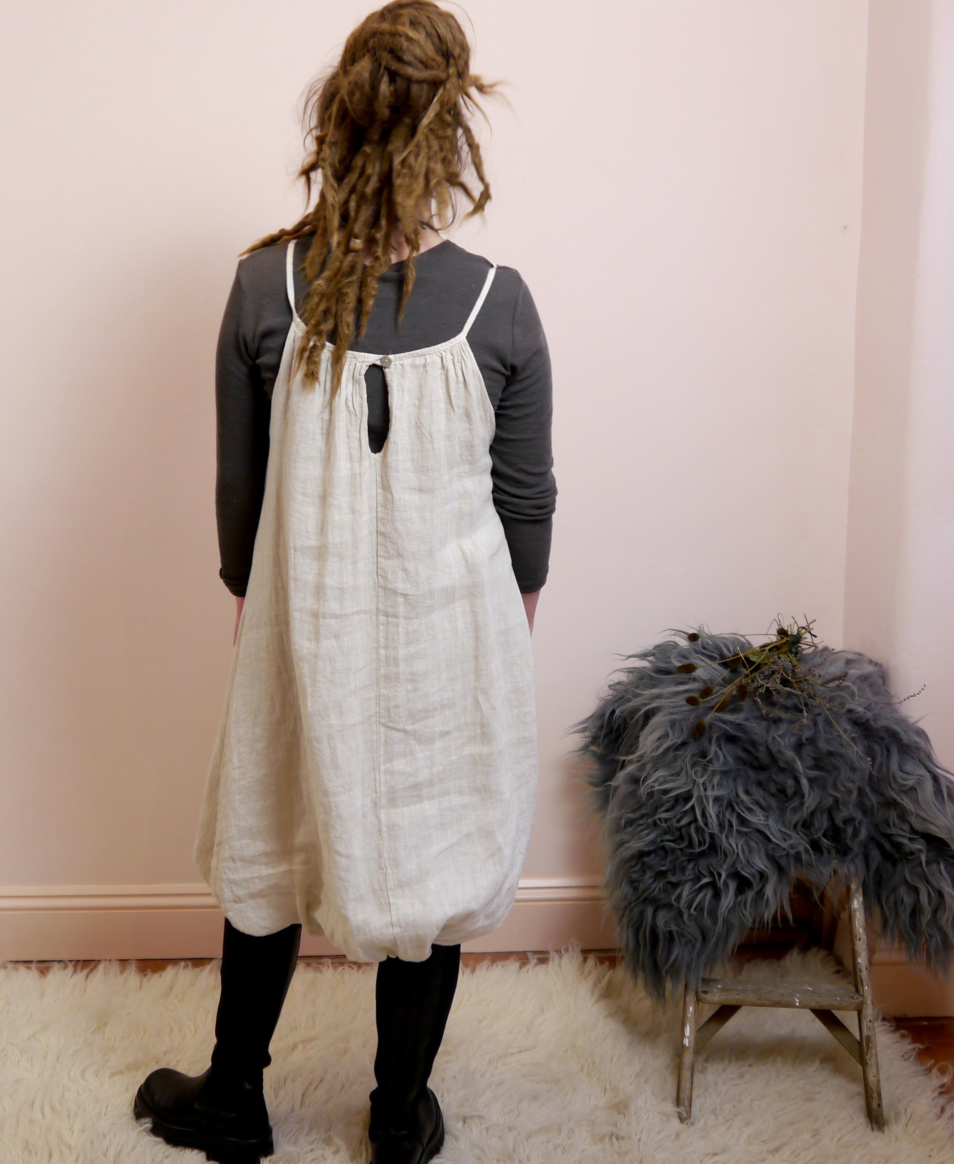 Linen Puff Hem Mini Dress in Stone