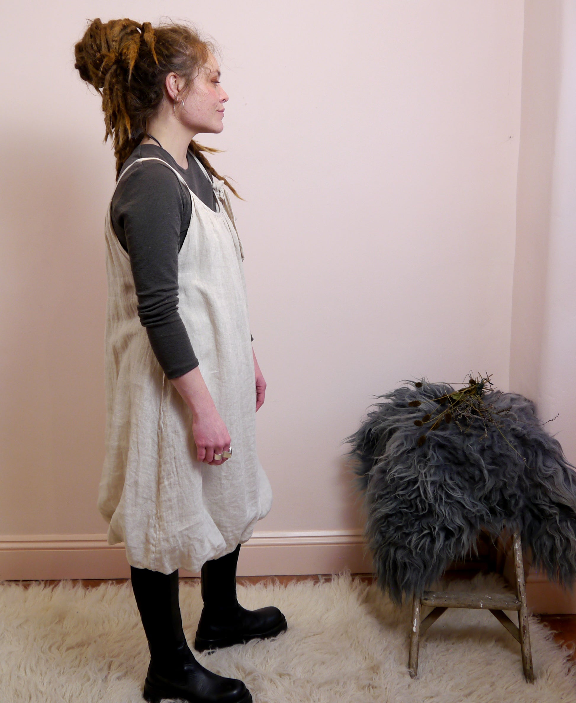 Linen Puff Hem Mini Dress in Stone