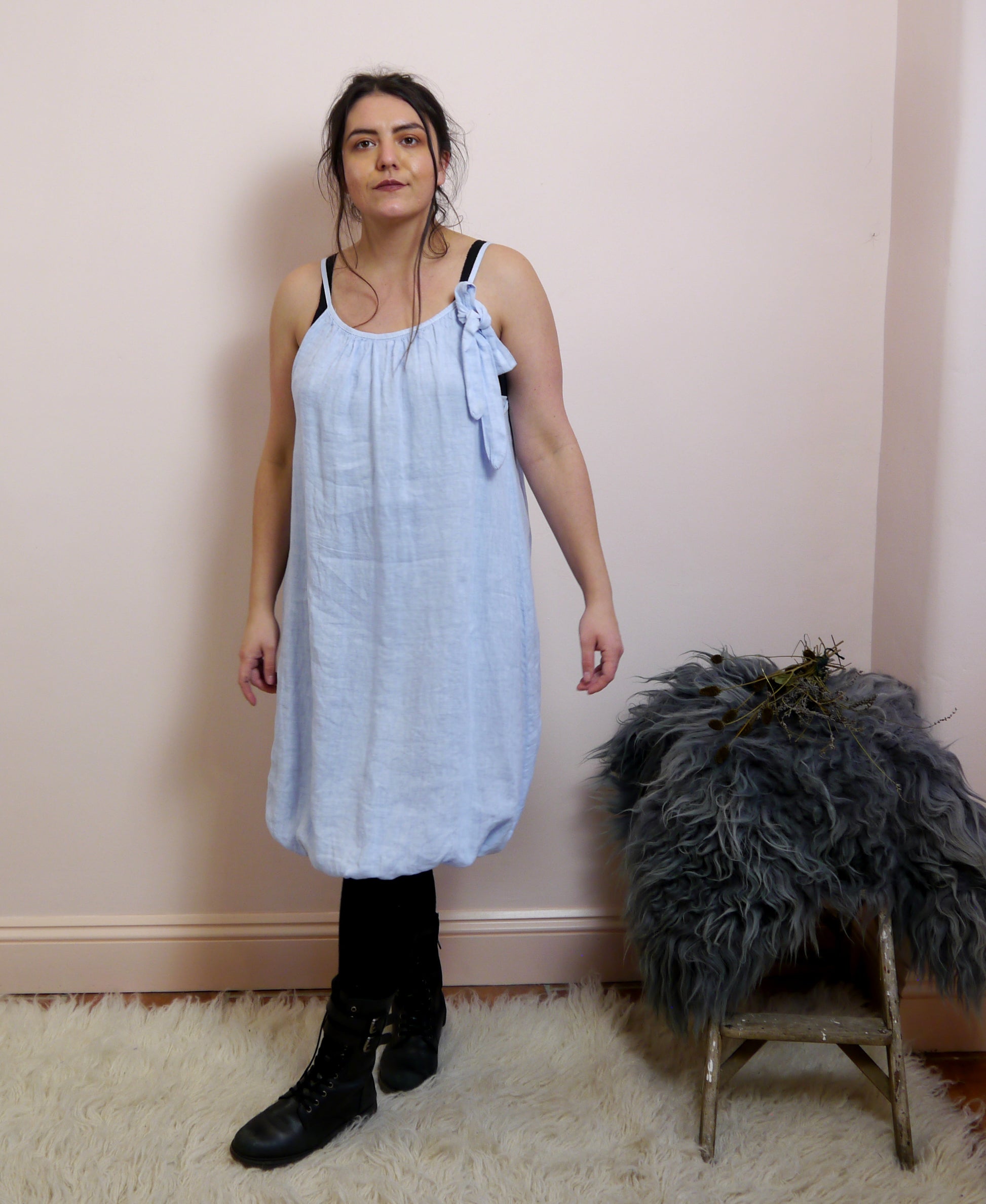 Linen Puff Hem Mini Dress in Sky