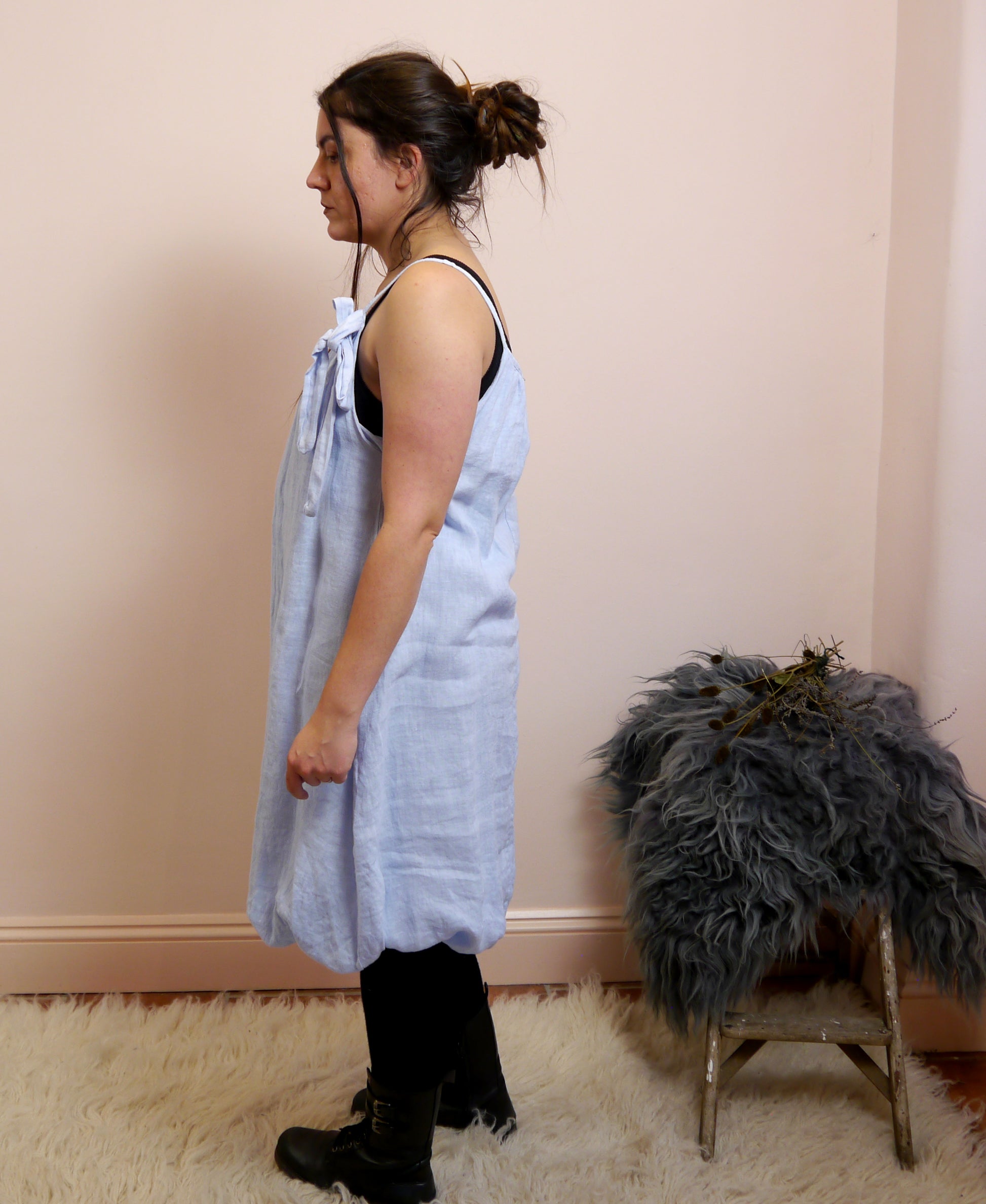 Linen Puff Hem Mini Dress in Sky