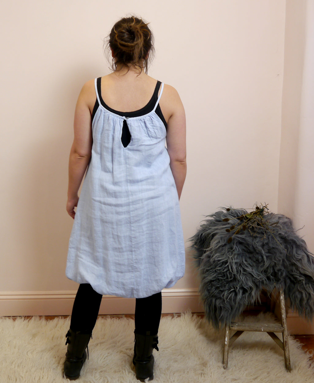 Linen Puff Hem Mini Dress in Sky