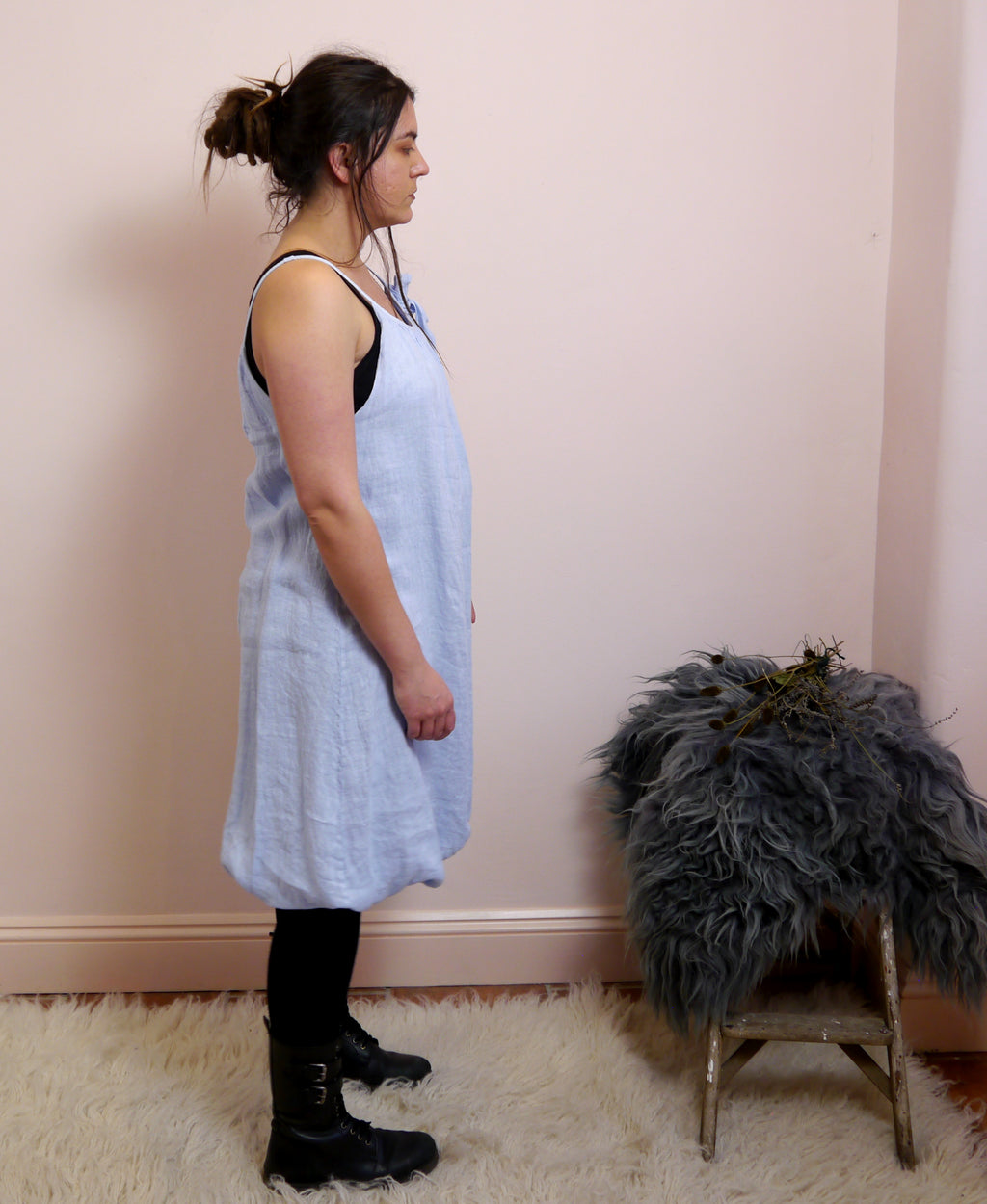 Linen Puff Hem Mini Dress in Sky