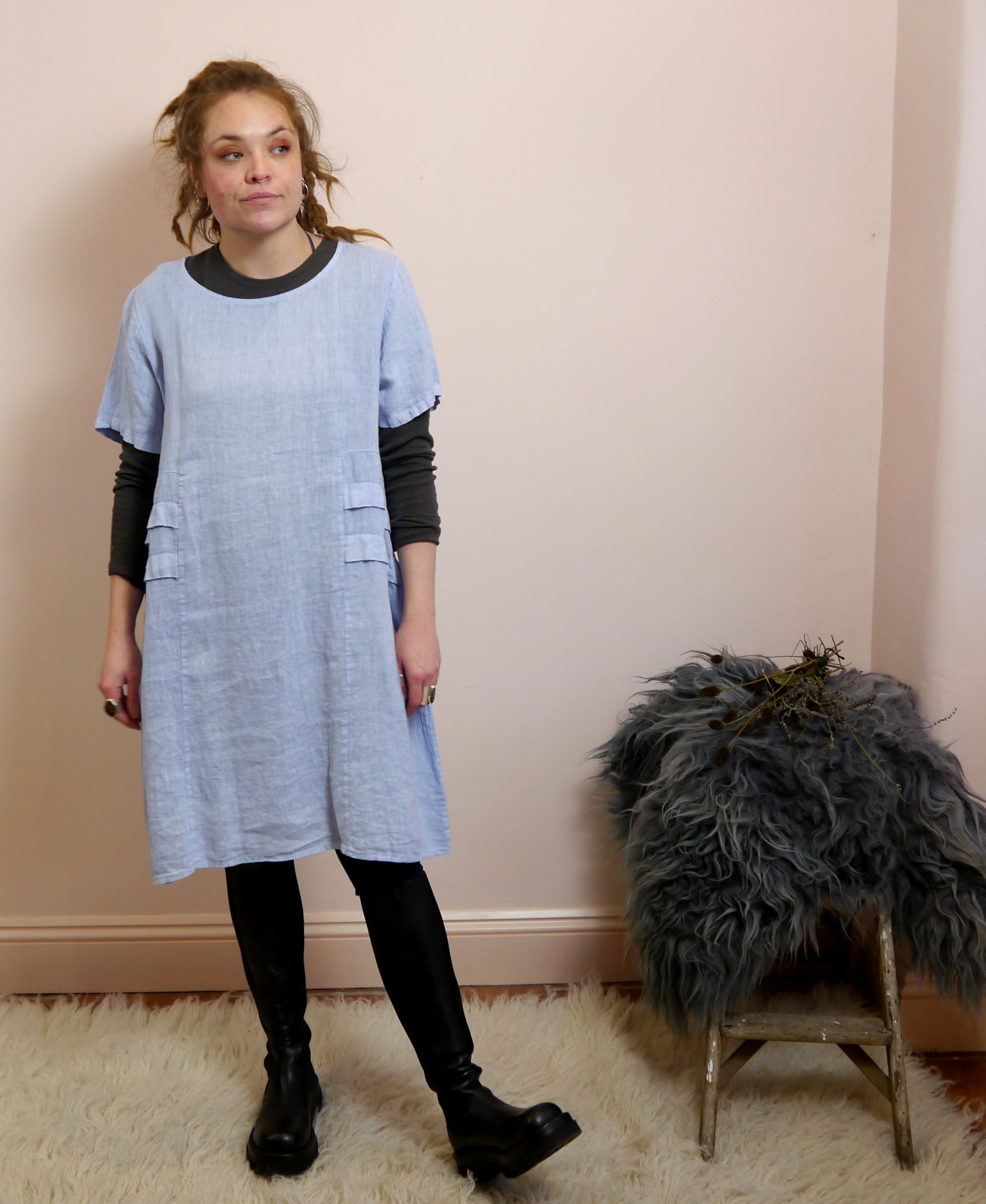 Short Sleeve Linen Knee Length-Midi Dress with Side Details in Sky