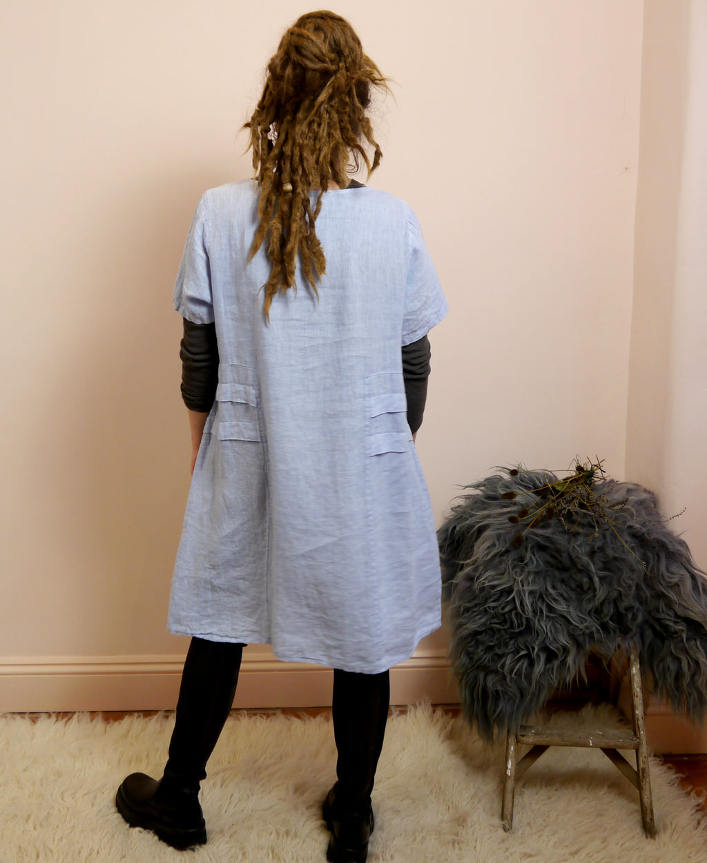 Short Sleeve Linen Knee Length-Midi Dress with Side Details in Sky