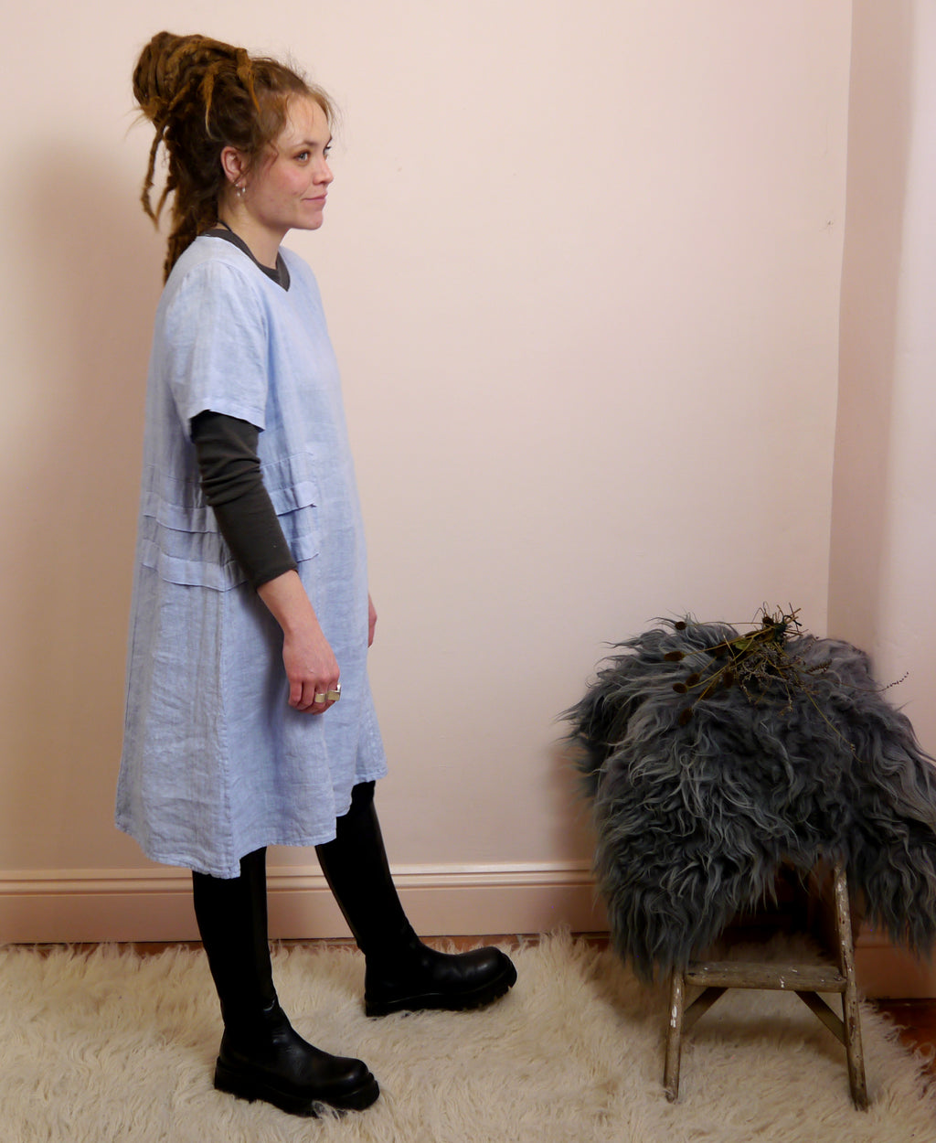 Short Sleeve Linen Knee Length-Midi Dress with Side Details in Sky