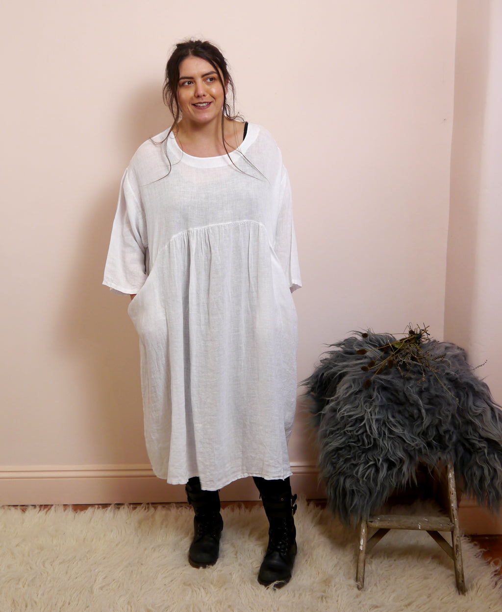 Linen Plus Size Long Sleeve Midi/Maxi Dress in White