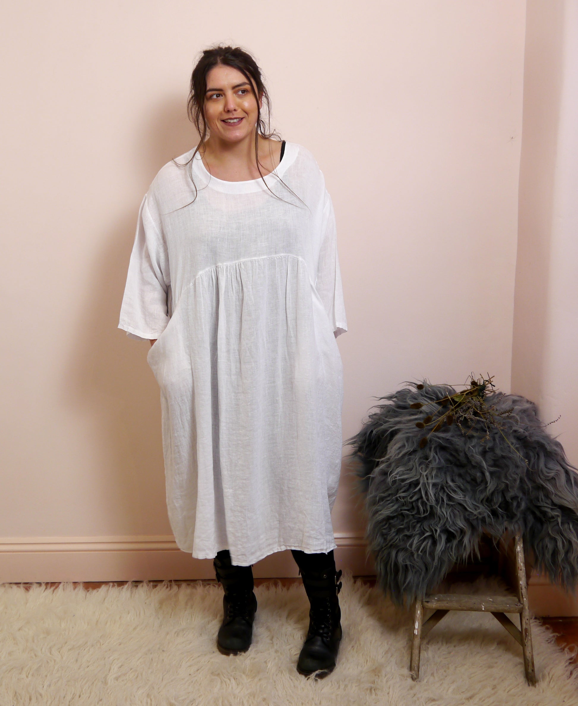 Linen Plus Size Long Sleeve Midi/Maxi Dress in White