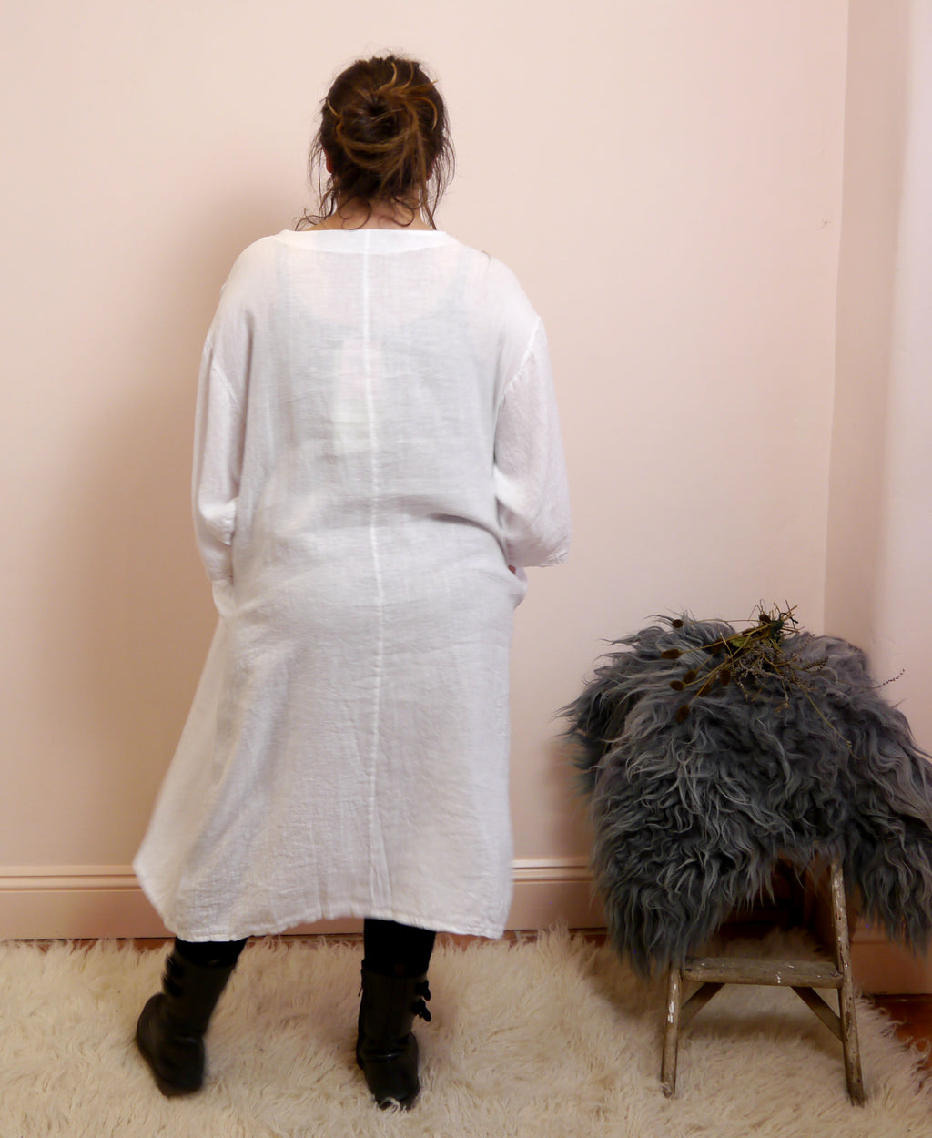 Linen Plus Size Long Sleeve Midi/Maxi Dress in White