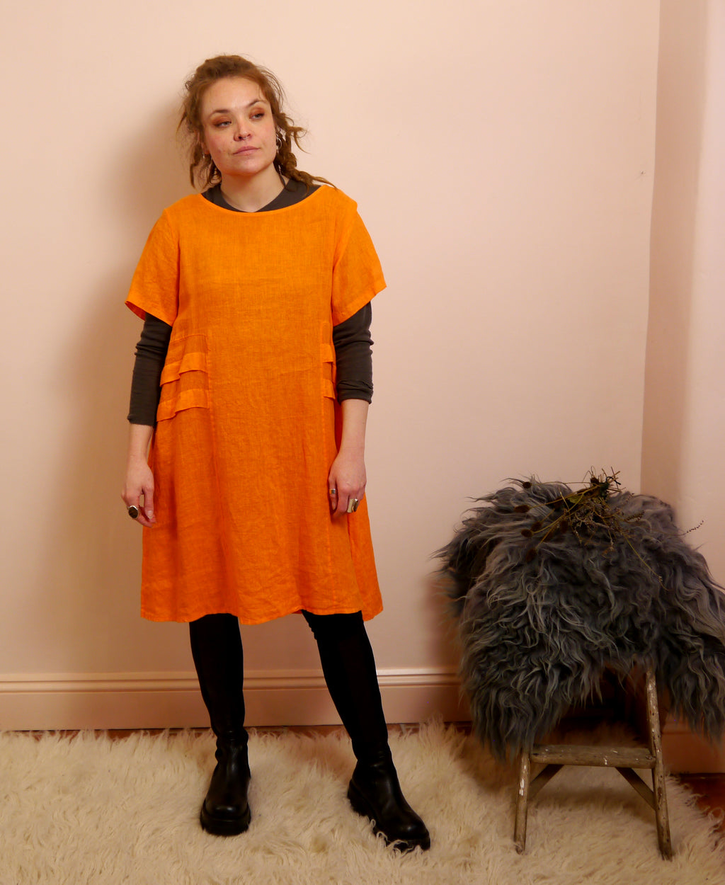 Short Sleeve Linen Knee Length-Midi Dress with Side Details in Orange