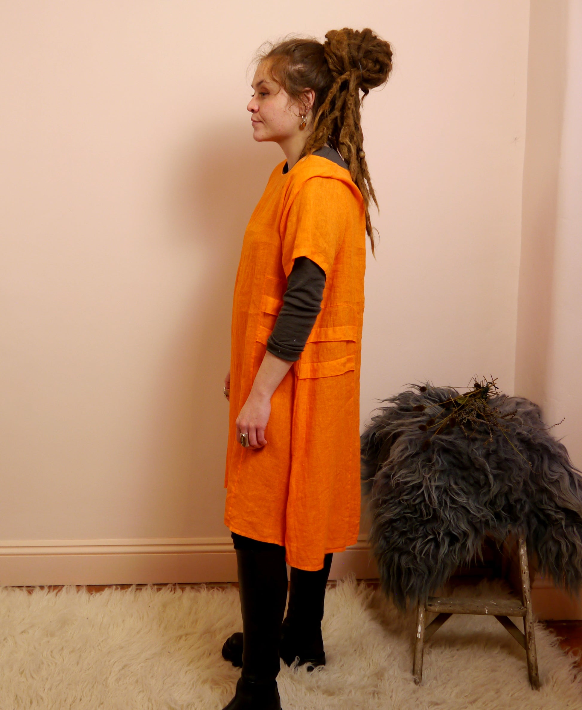 Short Sleeve Linen Knee Length-Midi Dress with Side Details in Orange