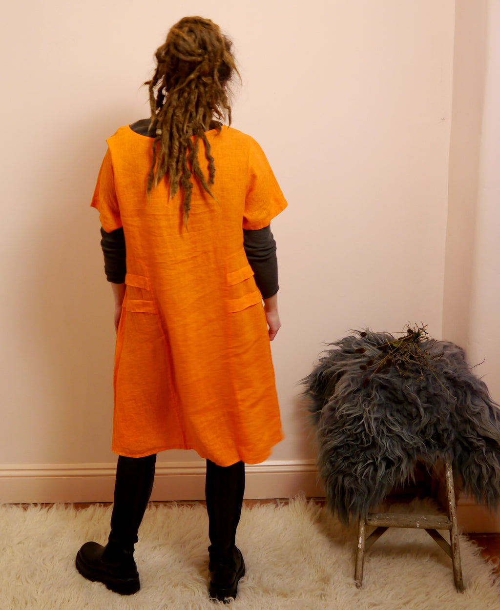 Short Sleeve Linen Knee Length-Midi Dress with Side Details in Orange