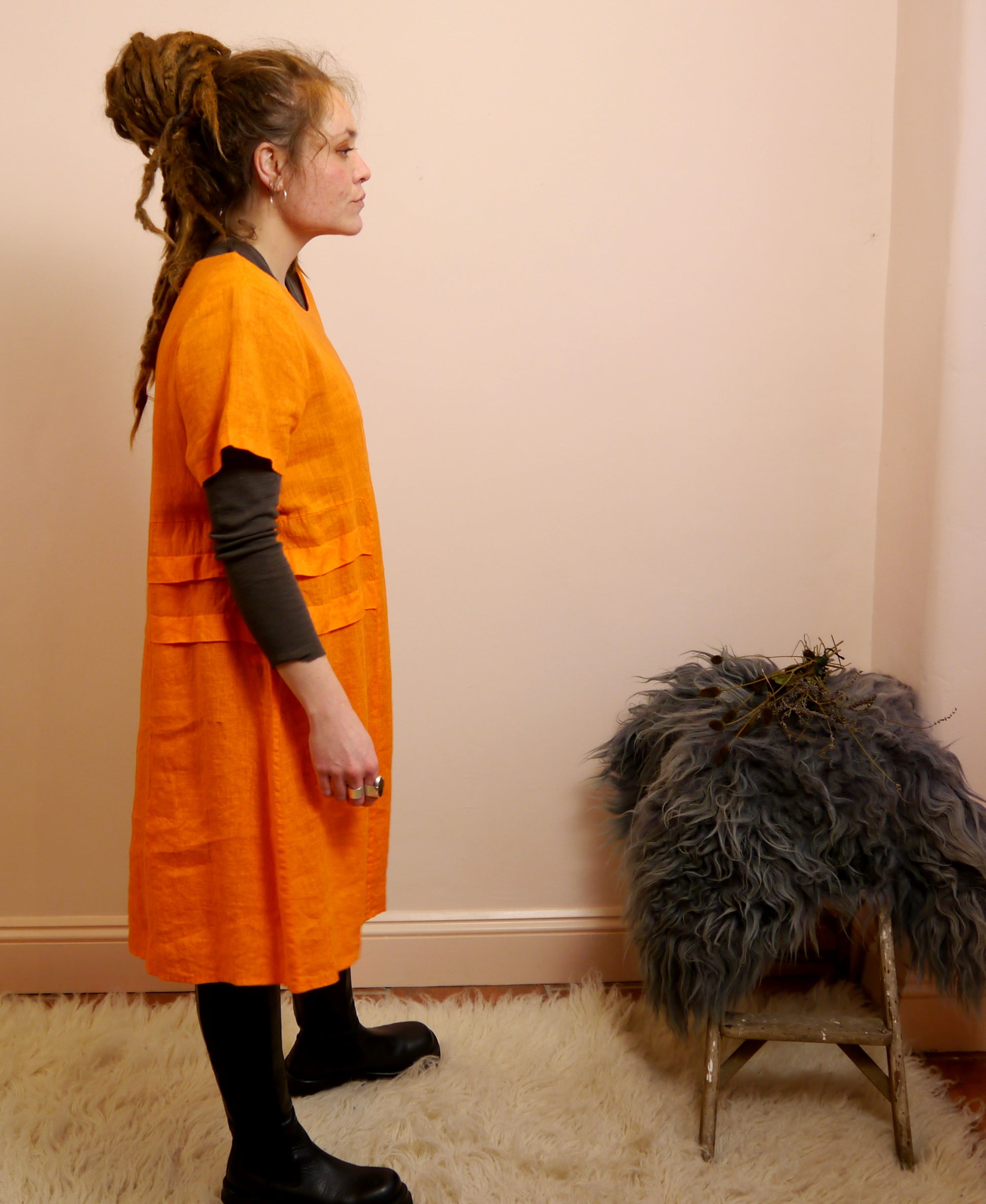 Short Sleeve Linen Knee Length-Midi Dress with Side Details in Orange