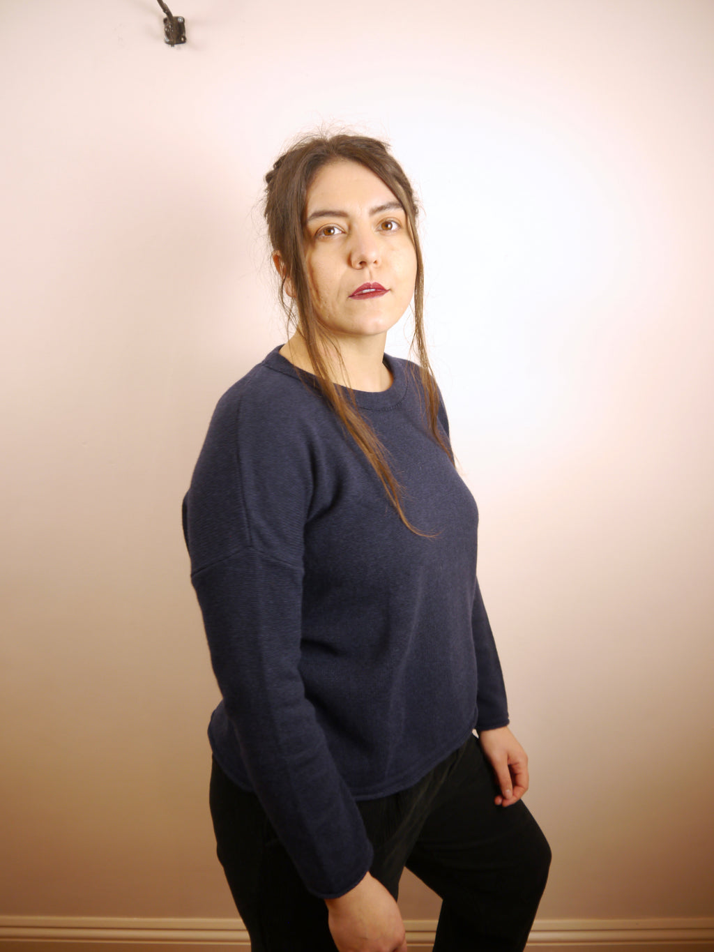 Lambswool Cashmere Round Neck Boxy Jumper in Navy Blue Marl