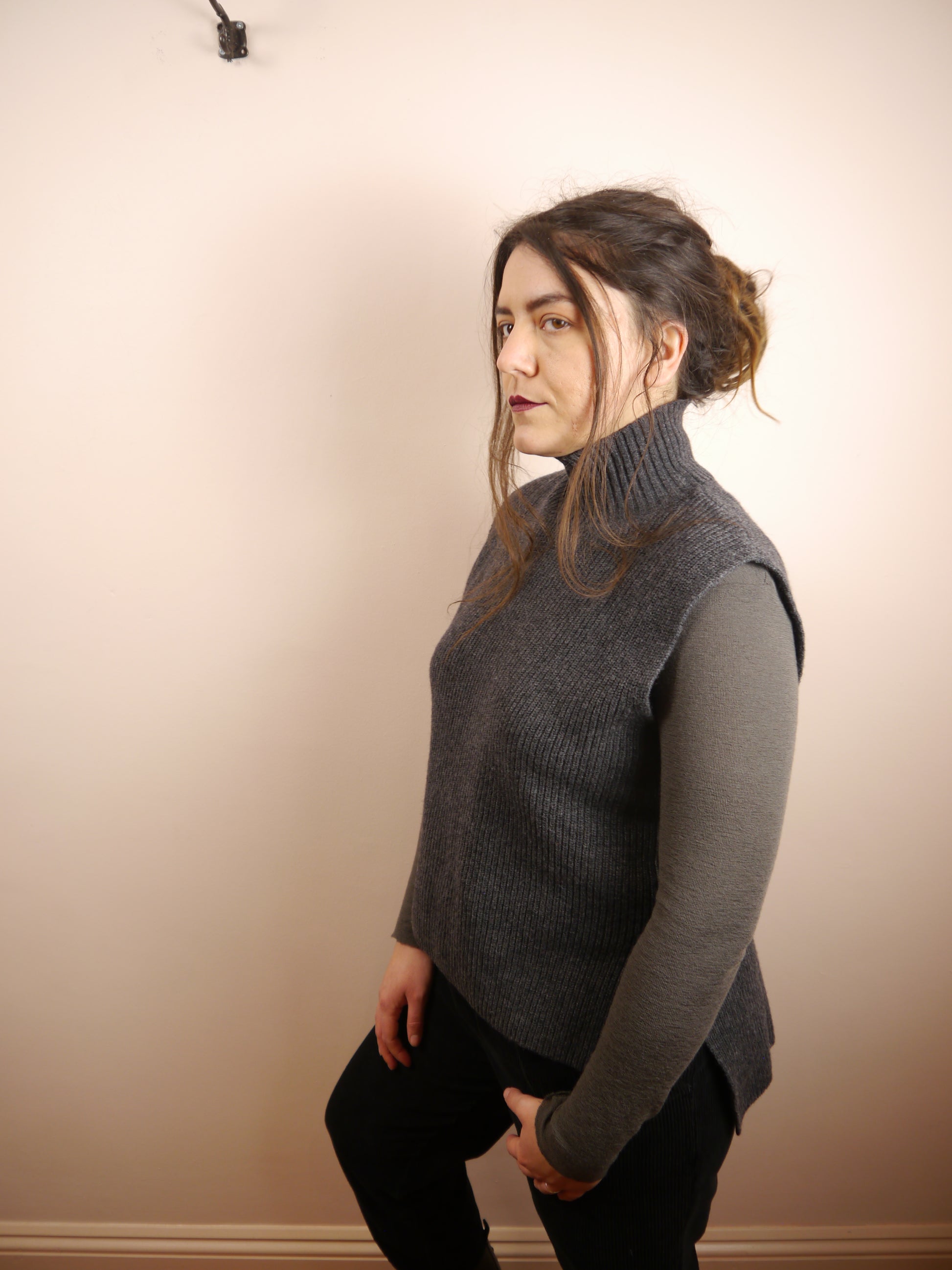 Lambswool Cashmere High Neck Sweater Vest in Charcoal Dark Grey Marl