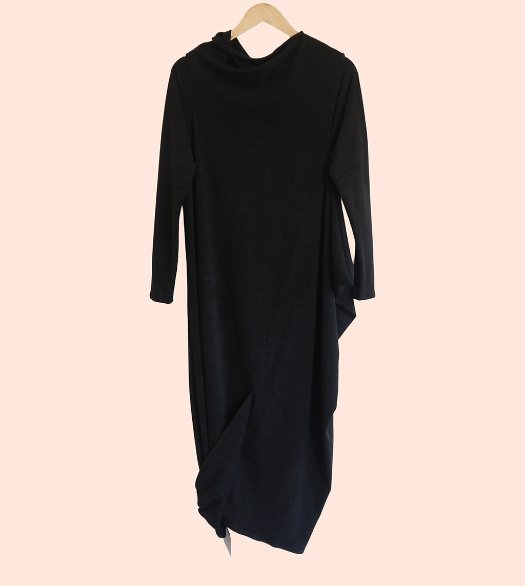 Sartoria Ismara Wool Asymmetric Drape Midi Maxi Dress in Black