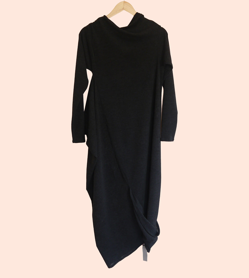 Sartoria Ismara Wool Asymmetric Drape Midi Maxi Dress in Black