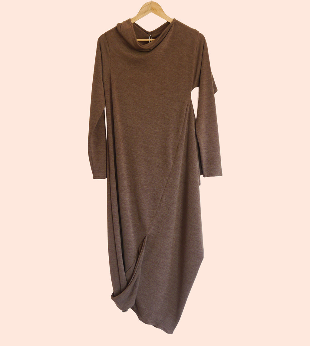 Sartoria Ismara Wool Asymmetric Drape Midi Maxi Dress in Toffee