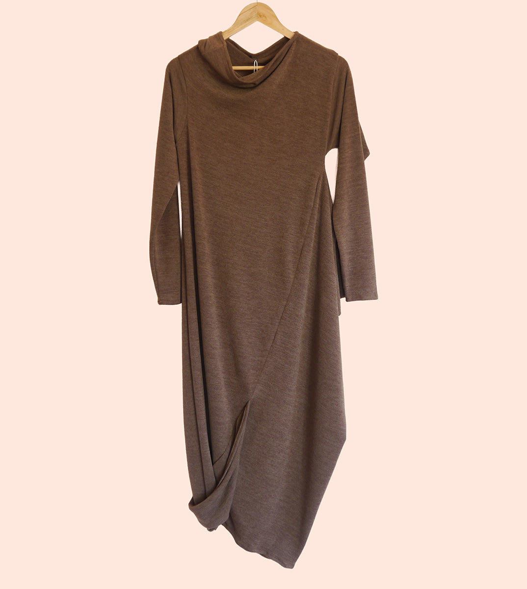 Sartoria Ismara Wool Asymmetric Drape Midi Maxi Dress in Toffee