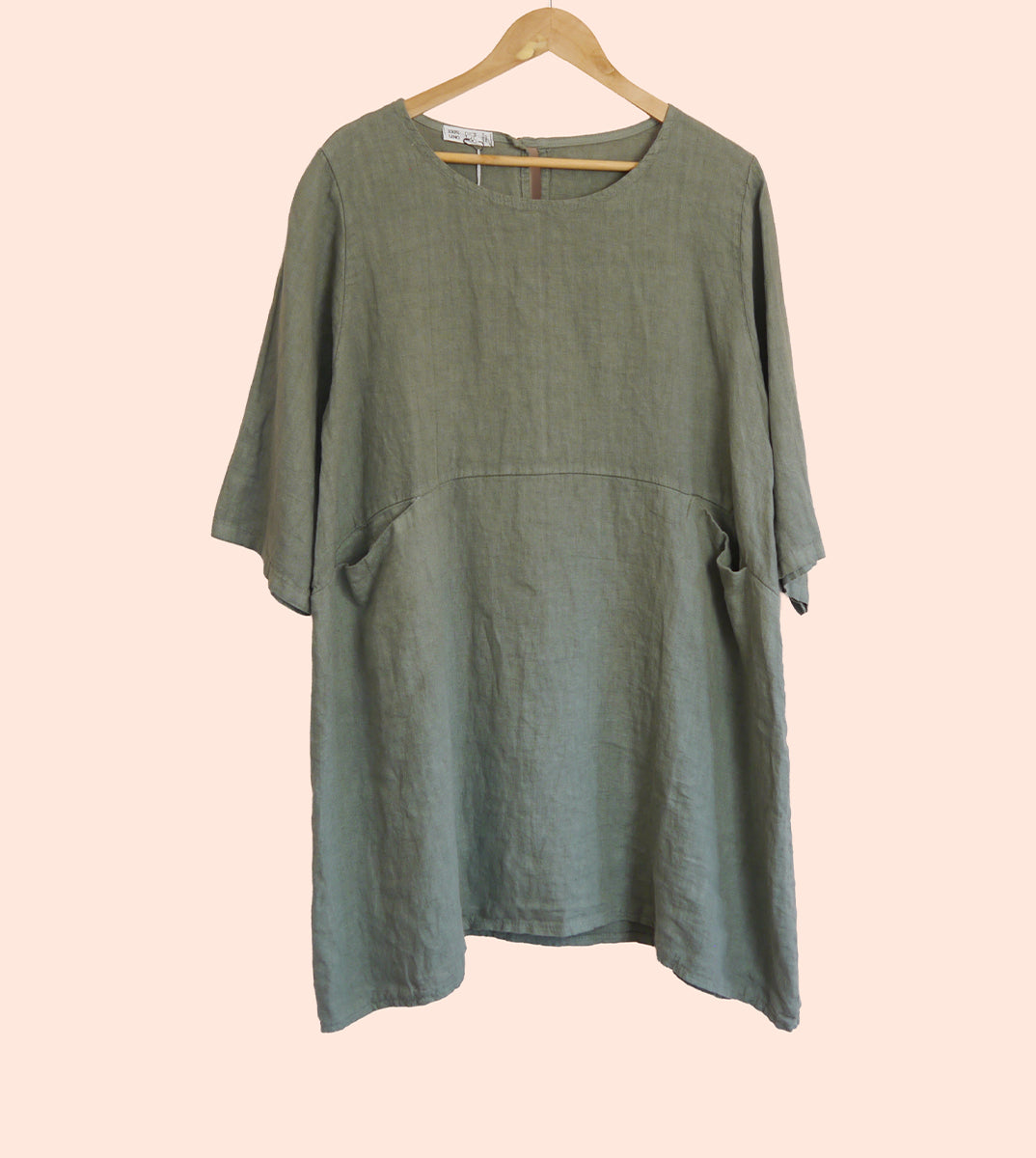 Short Linen Dress with Pockets in Lichen