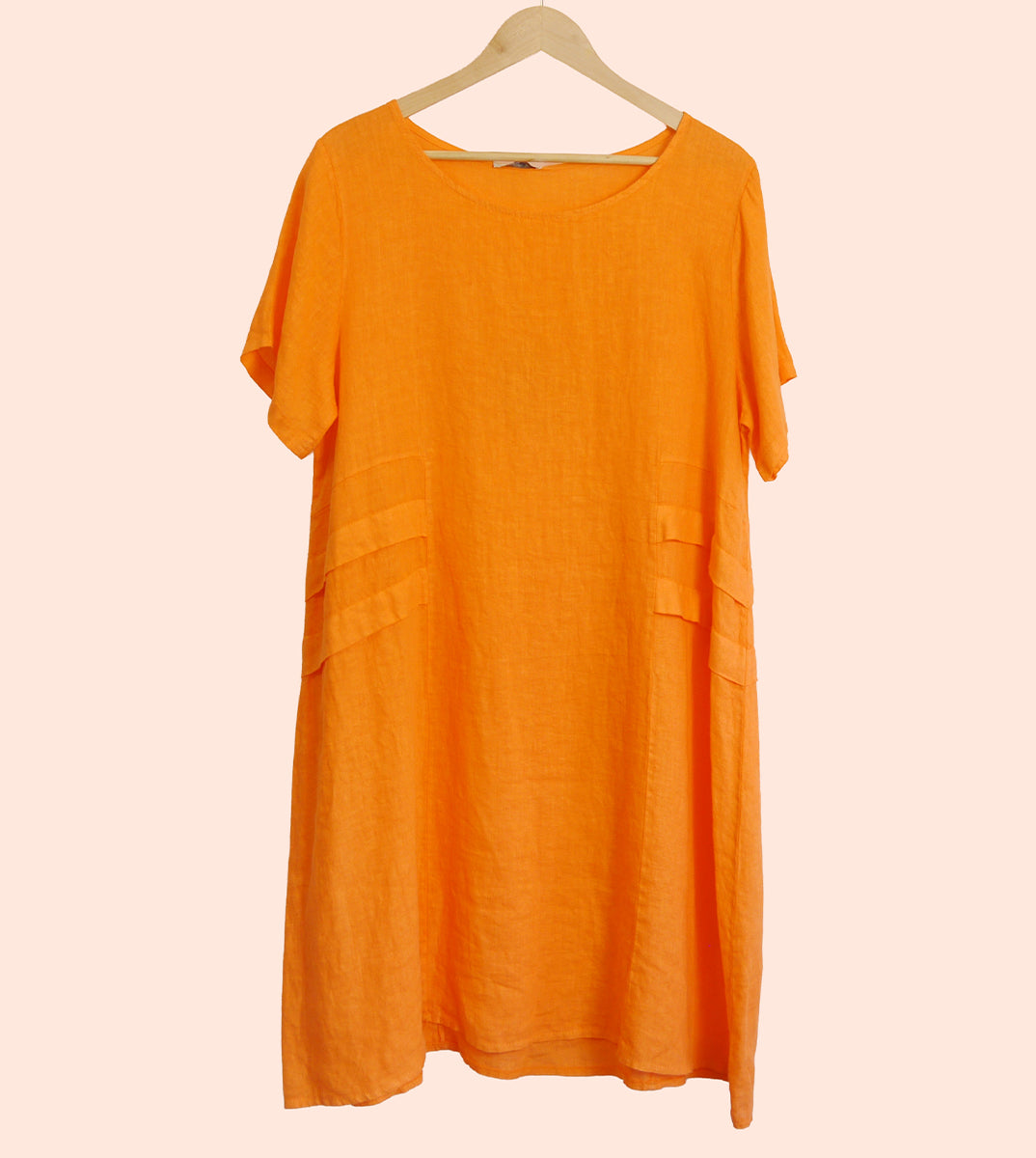 Short Sleeve Linen Knee Length-Midi Dress with Side Details in Orange