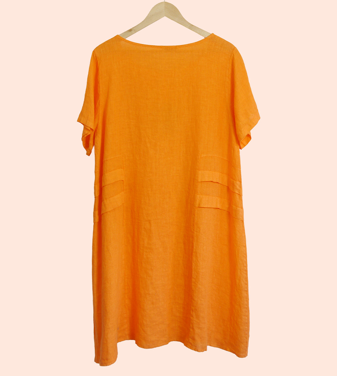 Short Sleeve Linen Knee Length-Midi Dress with Side Details in Orange