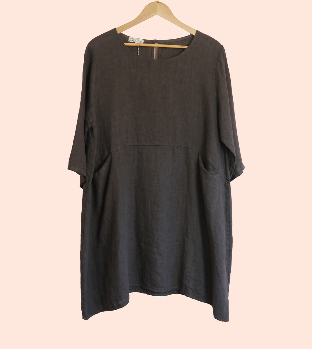 Short Linen Dress with Pockets in Soot
