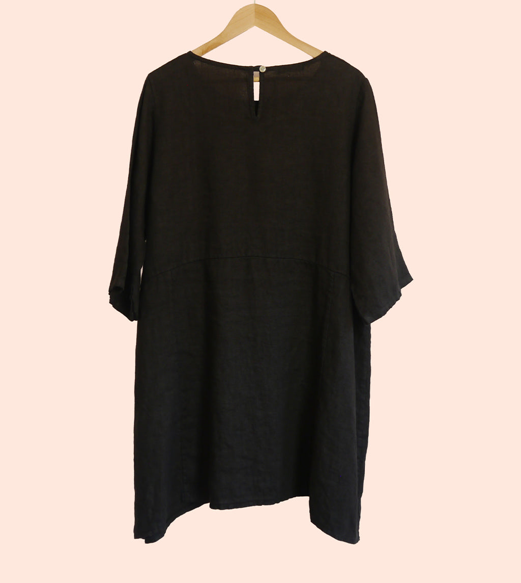 Short Linen Tunic Dress with Pockets in Black