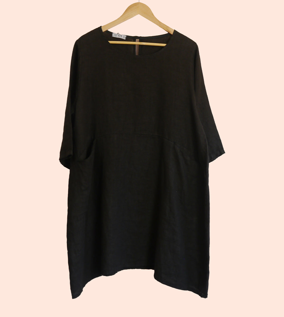 Short Linen Tunic Dress with Pockets in Black