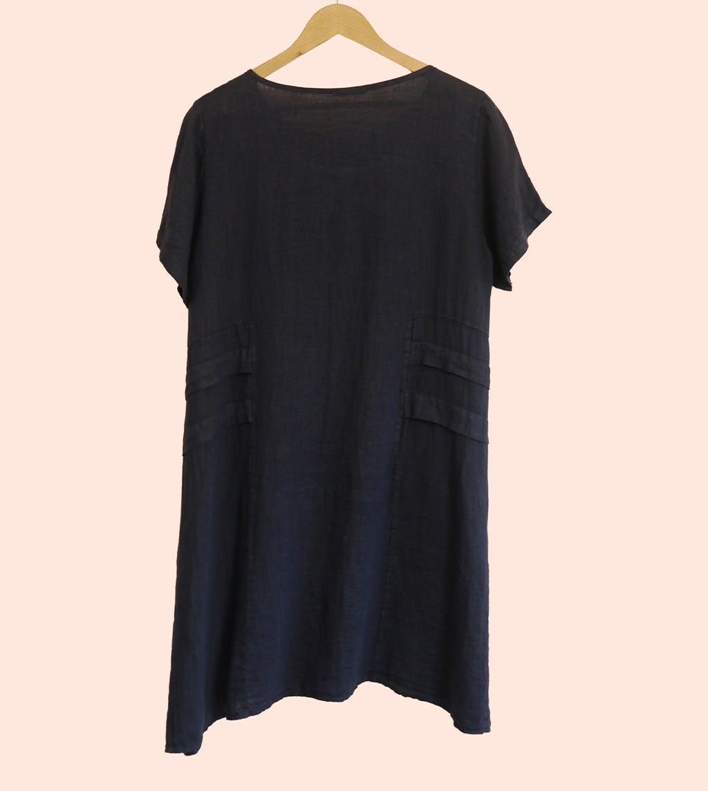 Short Sleeve Linen Knee Length-Midi Dress with Side Details in Midnight