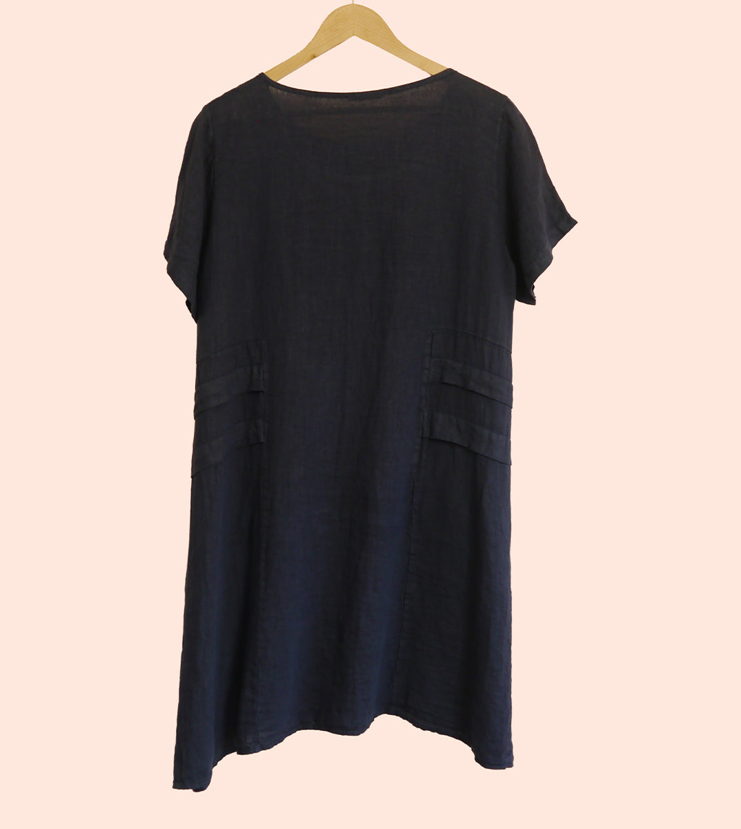 Short Sleeve Linen Knee Length-Midi Dress with Side Details in Midnight