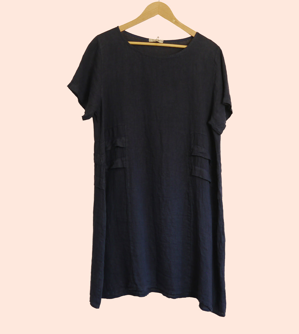 Short Sleeve Linen Knee Length-Midi Dress with Side Details in Midnight